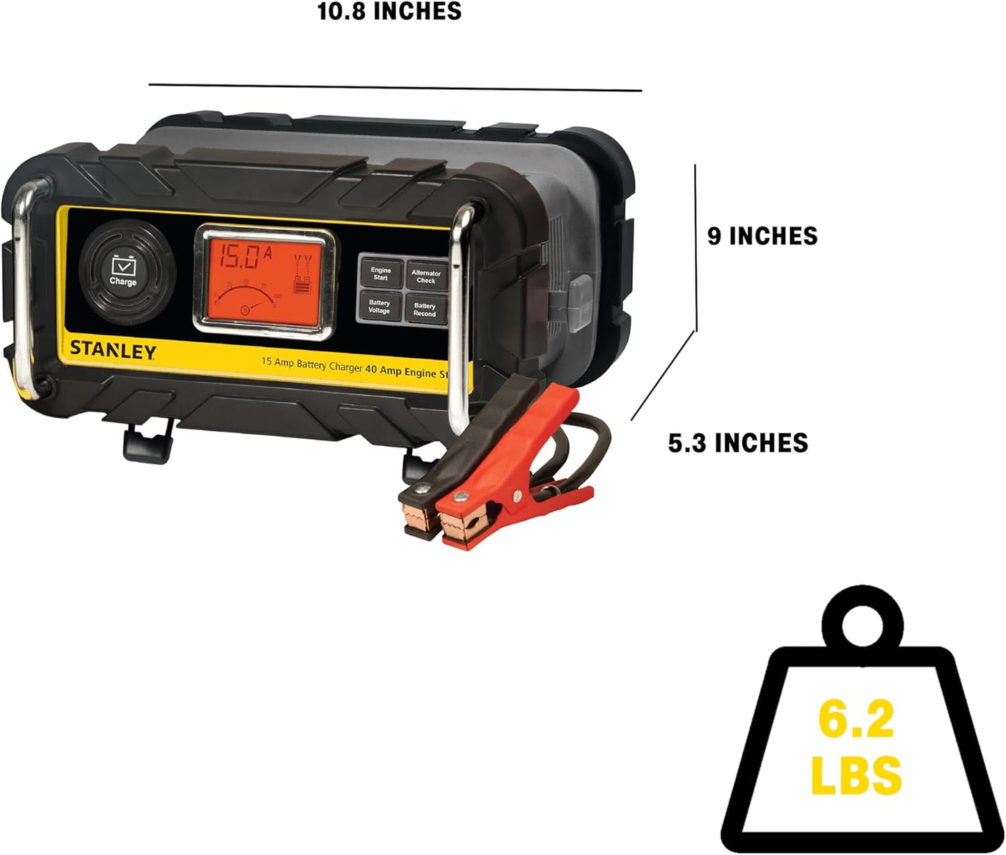 STANLEY BC15BS Fully Automatic 15 Amp 12V Bench Battery Charger/Maintainer with 40A Engine Start, Alternator Check, Cable Clamps