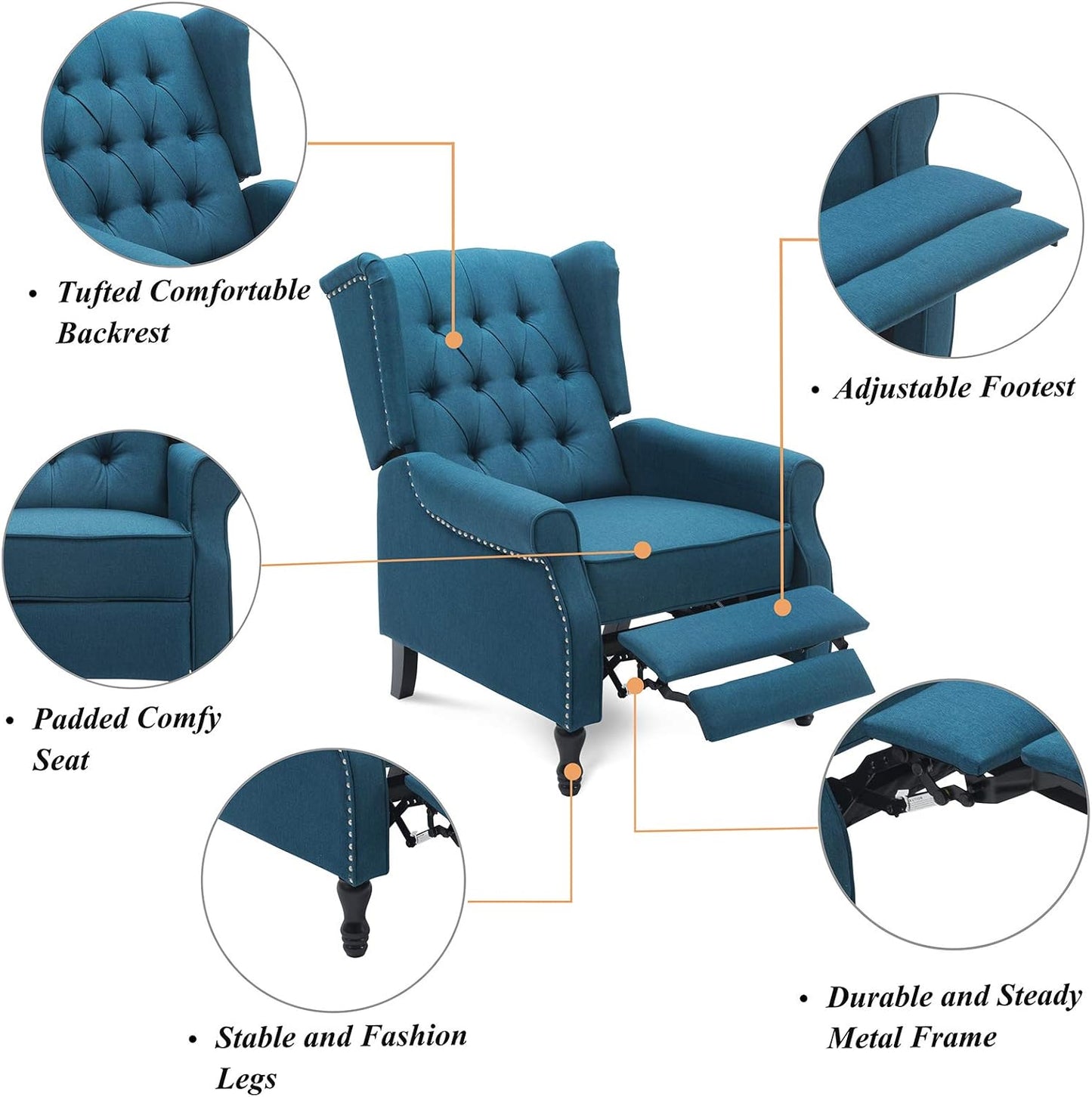 Artechworks Tufted Fabric Push Back Arm Chair Recliner Modern Single Reclining for Adjustable Club Chair Home Theater Padded Seat Living Room Lounge Sofa Blue