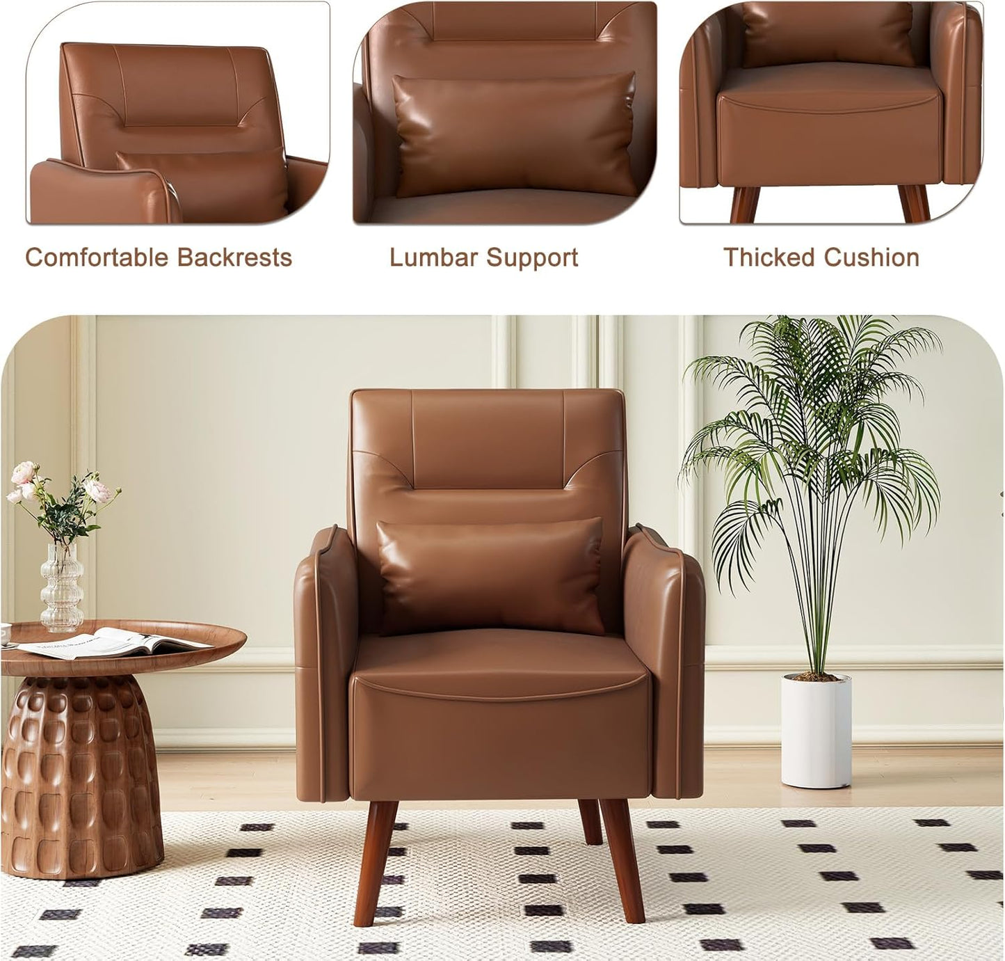 Bonzy Home Mid-Century Modern Faux Leather Accent Chair Set of 2 for Living Room,Upholstered Armchair with Pillow and Solid Wood Legs, Comfortable Lounge Chair for Bedroom or Office,Brown