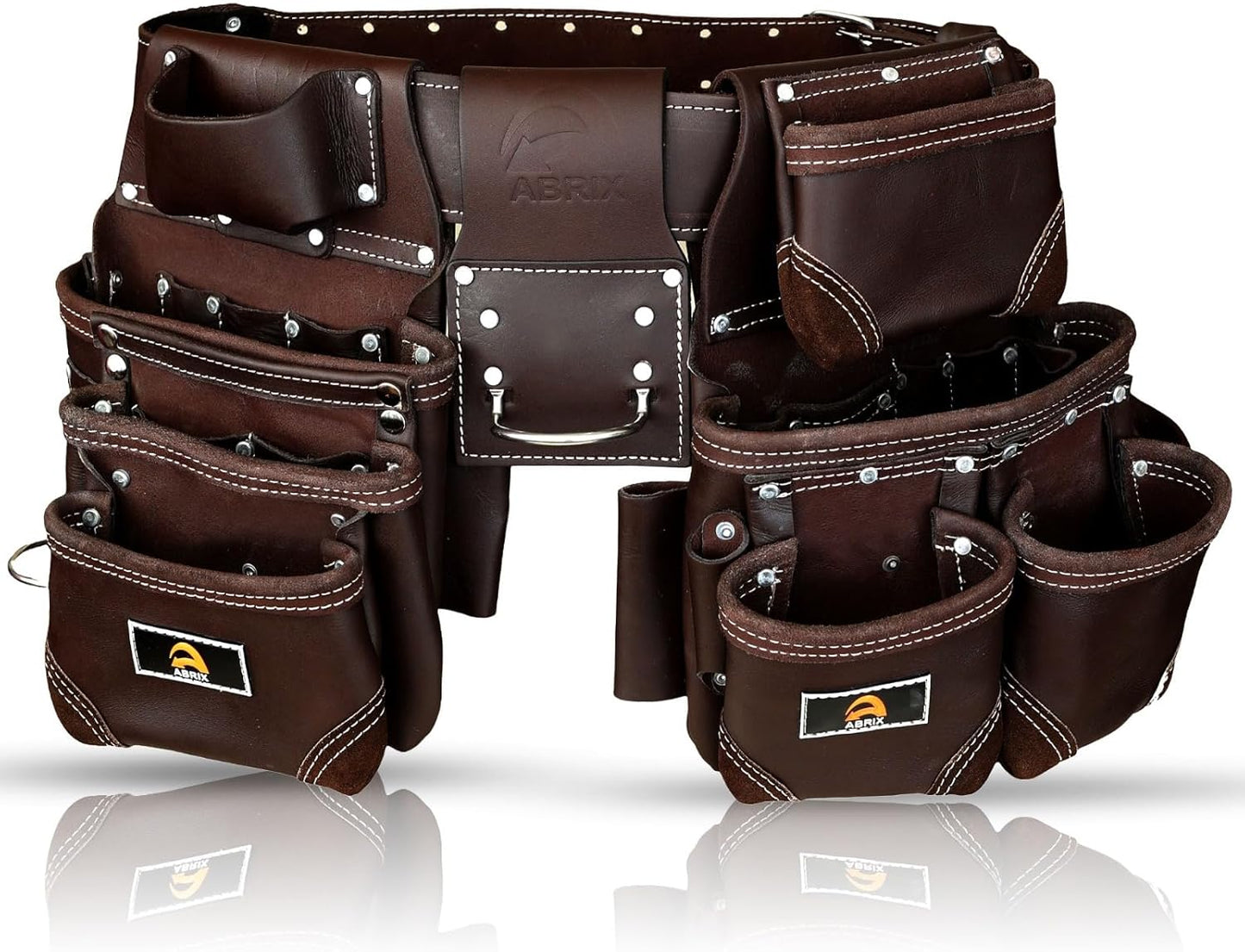 ABRIX Leather Tool Belt for Men – Heavy Duty 28 Pocket Tool Belts with Suspender, Adjustable (Fits 30" to 50"), – for Carpenters, Electricians, Contractors (Black, Extra Large)