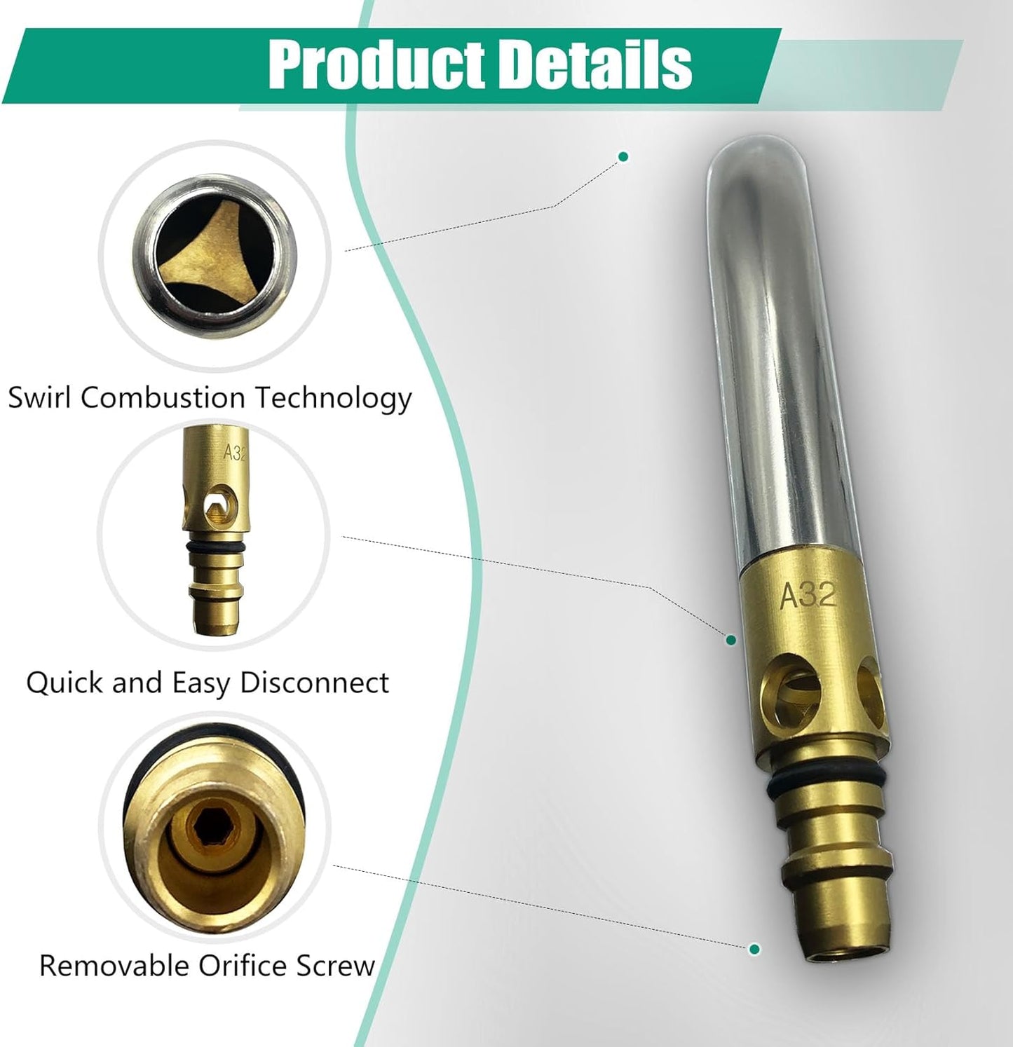 0386-0106 A-32 3/4" Air Acetylene Torch Tip for Turbo Torch G-4 or PLF-A5 Handles, Soft Solder 4 to 6", Silver Braze 1-1/2 to 4", Manual Lighting, Quick Connect, Removable Orifice Screw