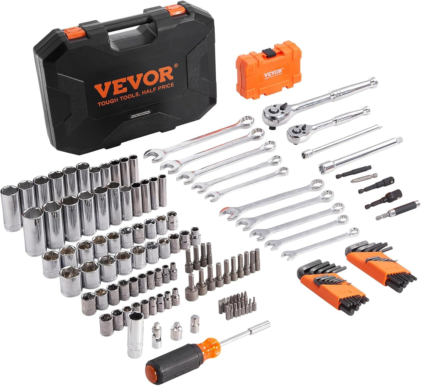 VEVOR Mechanics Tool Set, 1/4" & 3/8"& 1/2" Drive Deep and Standard Sockets, SAE/Metric 205 Pcs Mechanic Tool Kit with Bits, Combination Wrench, Hex Wrenches, Accessories, Storage Case