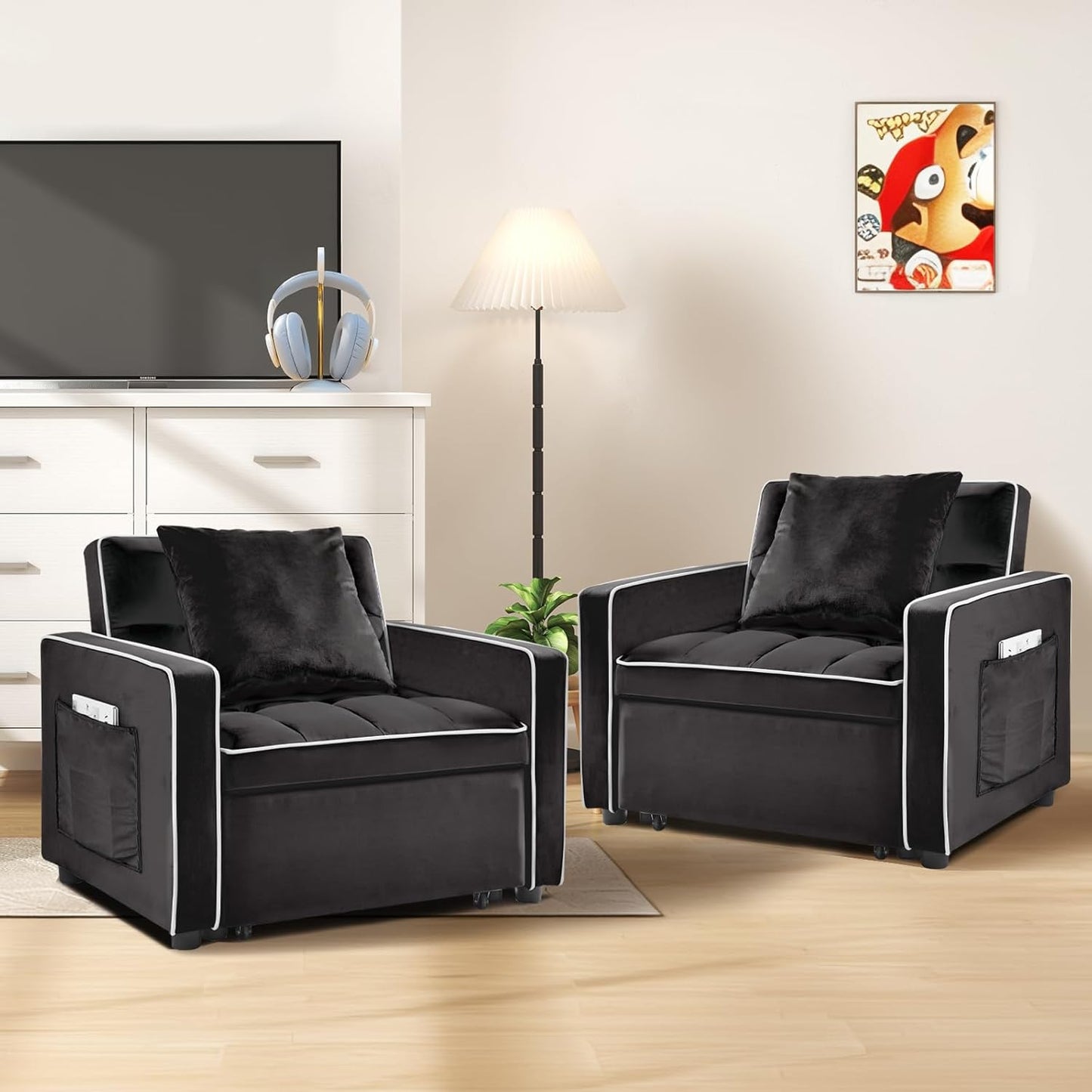 3 in 1 Single Convertible Sleeper Sofa Chair, 35.4" Pull Out Sofa Bed with Adjustable Backrest, Modern Chaise Lounge with Storage, Sleeper Chair Bed with Pillow for Living Room (1, Black)