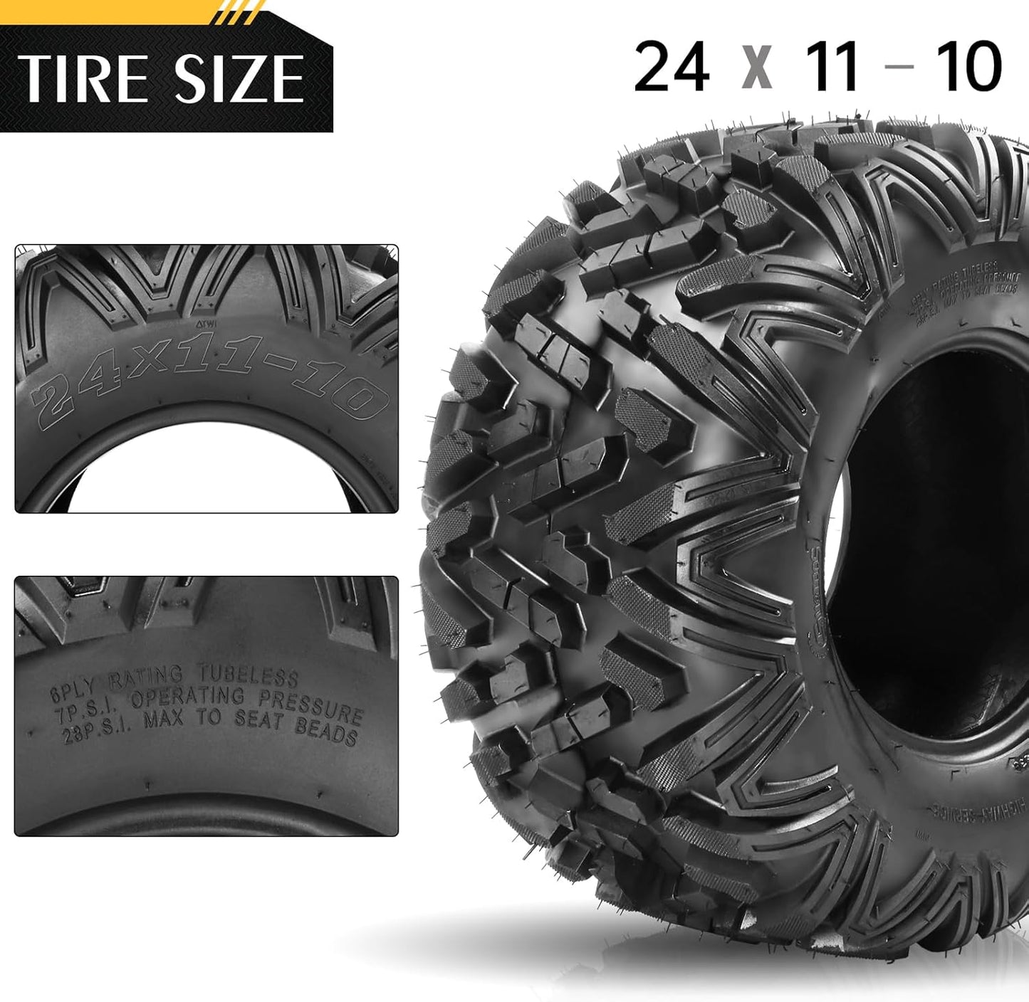 AutoForever ATV UTV Tires 24x11-10,6PR All Terrain Mud Tires 24x11x10 Bighorn Style,Tubeless(Set of 2)