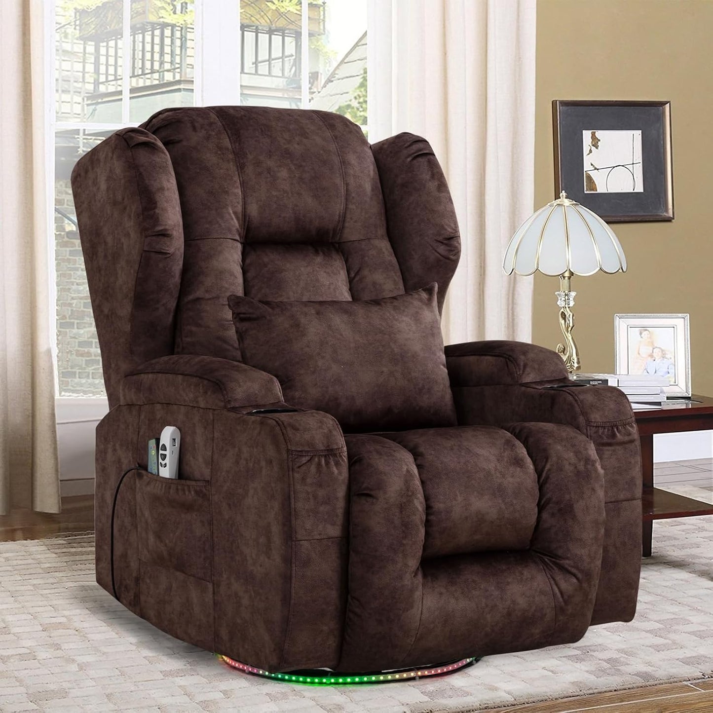 SENIFIS Velvet Grey Modern Swivel Glider Recliner Chair, 270 Rotation & 30 Rocking, Power Reclining, Massage & Heat, USB, LED Light, Cup Holder, Lumbar Pillow, Adult Living Room Chair
