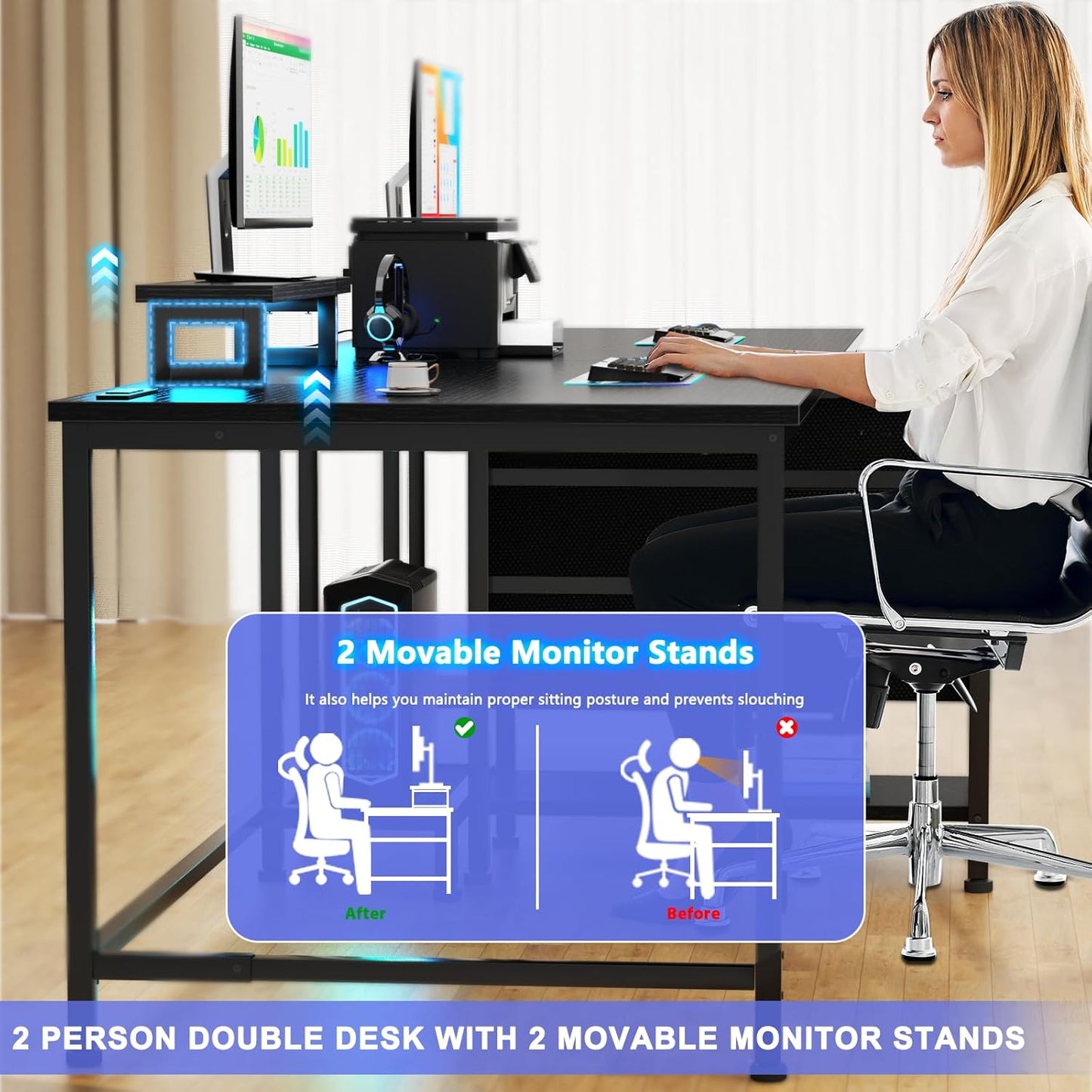 93 Inch 2 Person Desk with Power Outlet & LED Light, Extra Long Double Desk with 2 Monitor Stands, Large Home Office Desk for Two People with 4 Adjustable Storage Drawers, Black