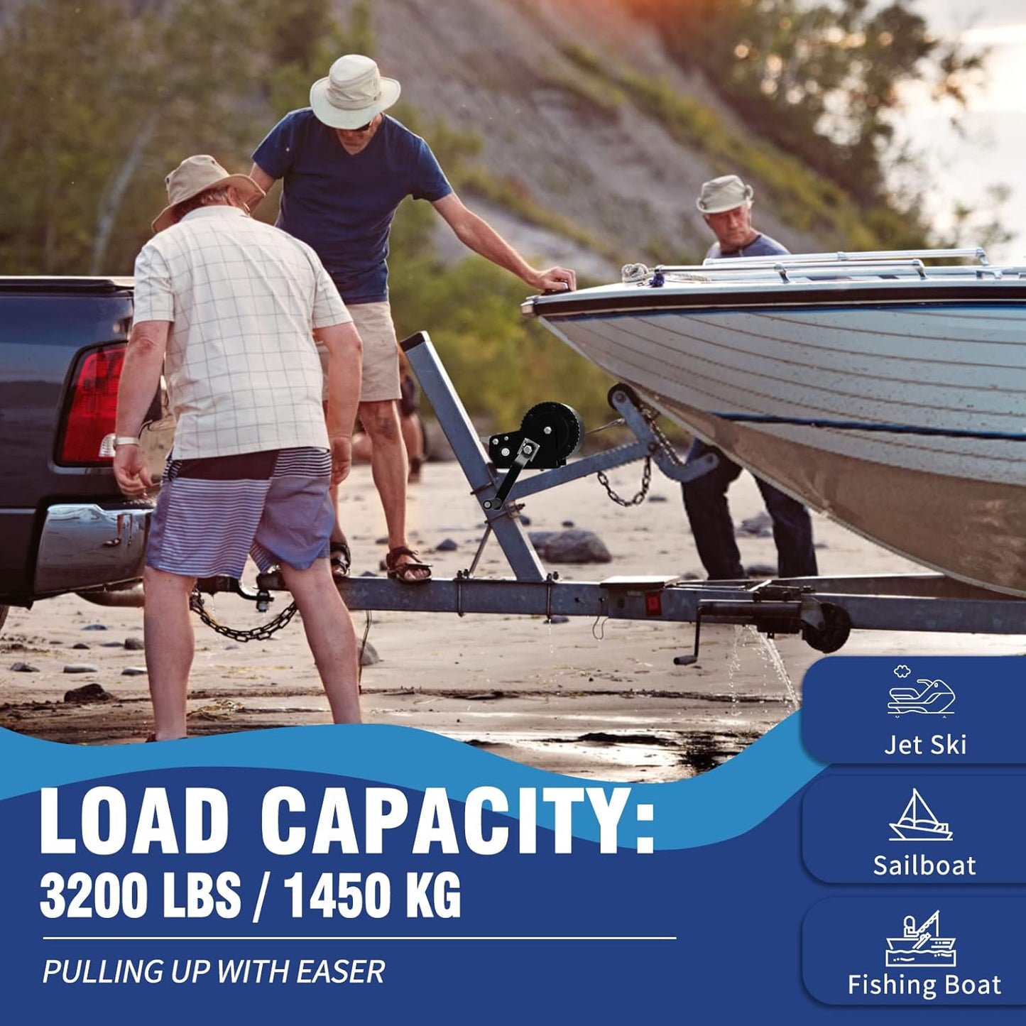 Boat Trailer Winch Hand Winch 3200lbs Heavy Duty Hook with 10m (33ft) Polyester Strap Hand Crank Winch, Two Way Ratchet Manual Winch for Trailer ATV Boat