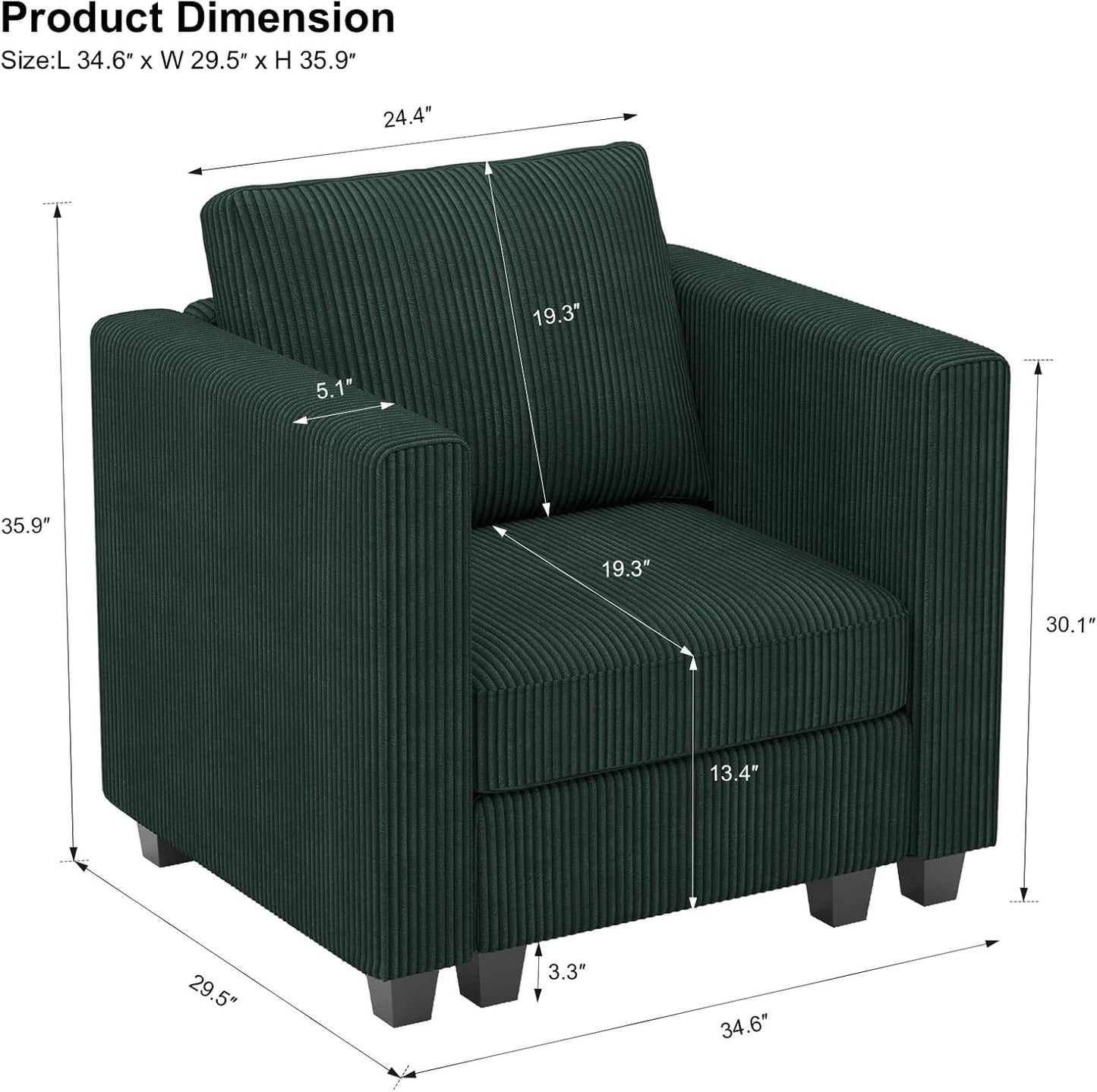 Belffin Corduroy Armchair Modular Arm Chair with Storage Modern Couch for Living Room Green