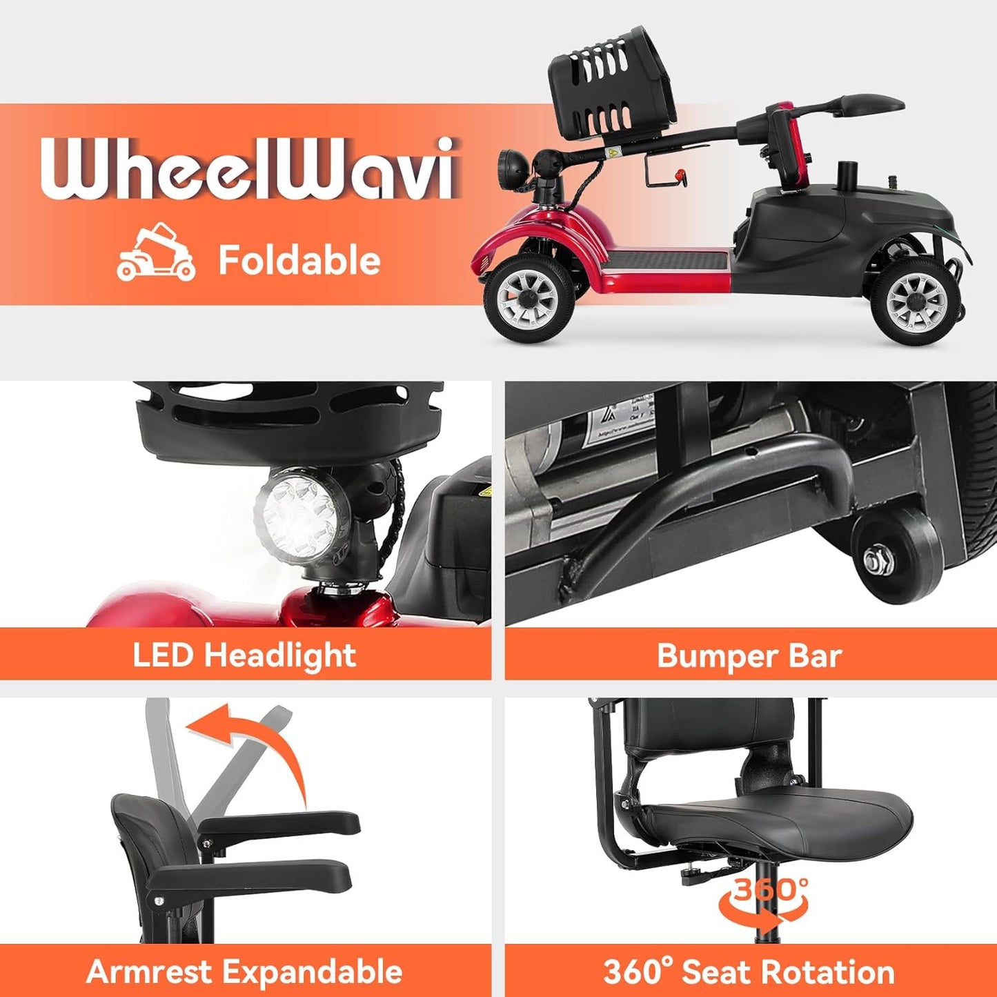4 Wheel Compact Mobility Scooter for Seniors and Adults,Foldable Electric Scooter, Heavy Duty Travel Model with Lights, Basket, and Long-Lasting Battery (Red)