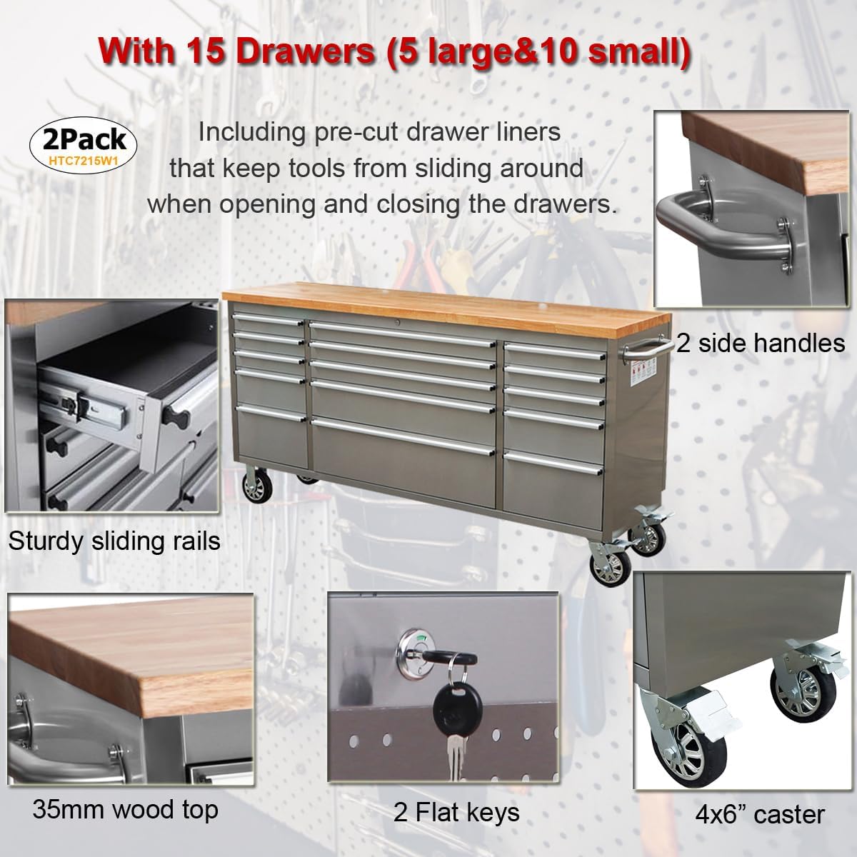 2 Pack - 72" Stainless Steel Rolling Tool Chest with 15 Drawers, Mobile Workbench, Assembled Large Tool Box Lockable Storage Cabinet with Wheels for Garage Workshop (2 × HTC7215W1)