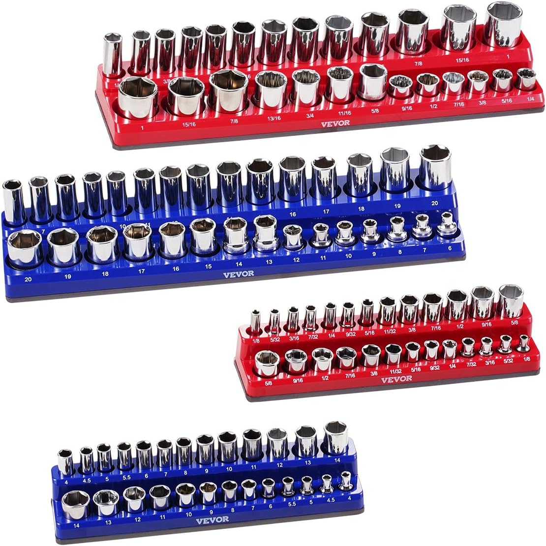VEVOR Magnetic Socket Organizer Set, 8PCS Socket Holder, 1/4'', 3/8'' & 1/2'' Metric SAE Socket Trays with Clear Labels, Hold up to 199PCS Standard & Deep Sockets, Blaue & Red (Sockets Not Included)
