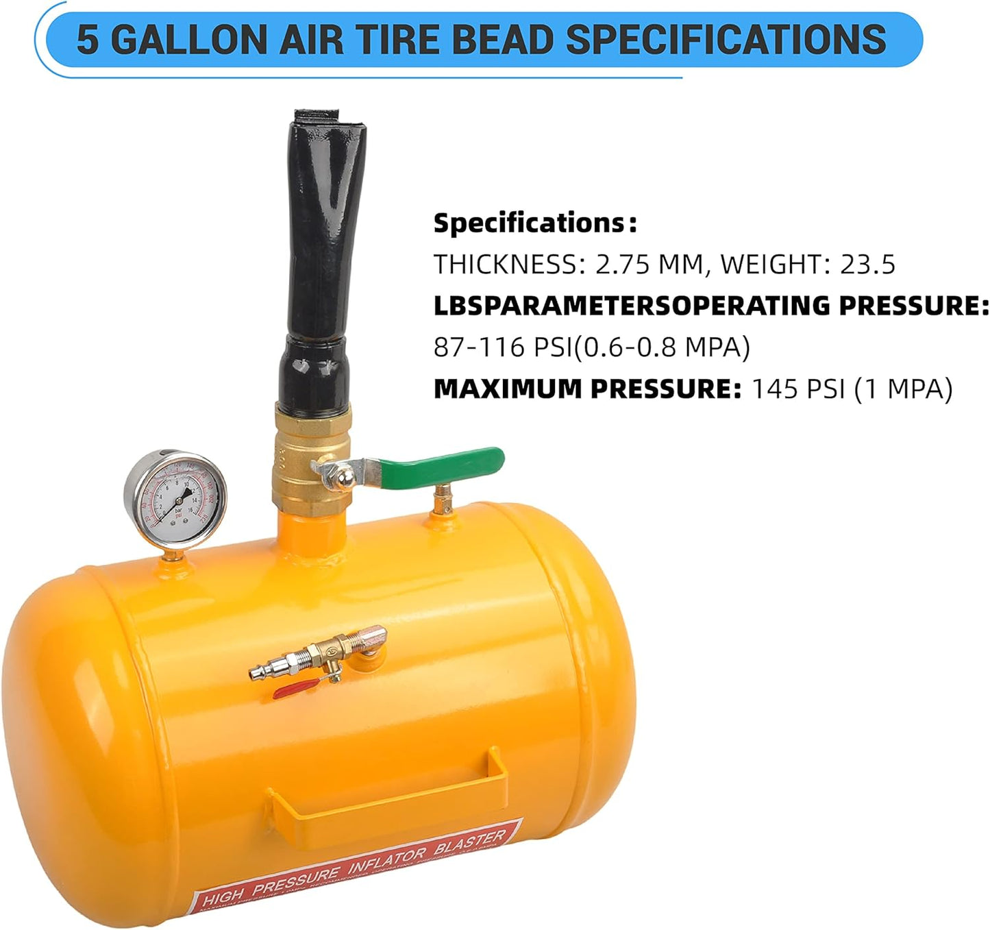 5 Gallon Air Tire Bead Seater 110 PSI Blaster Tool Seating Tire Inflator with Gauge by GESEXI - Car Truck ATV Tire Inflator Tank,Yellow