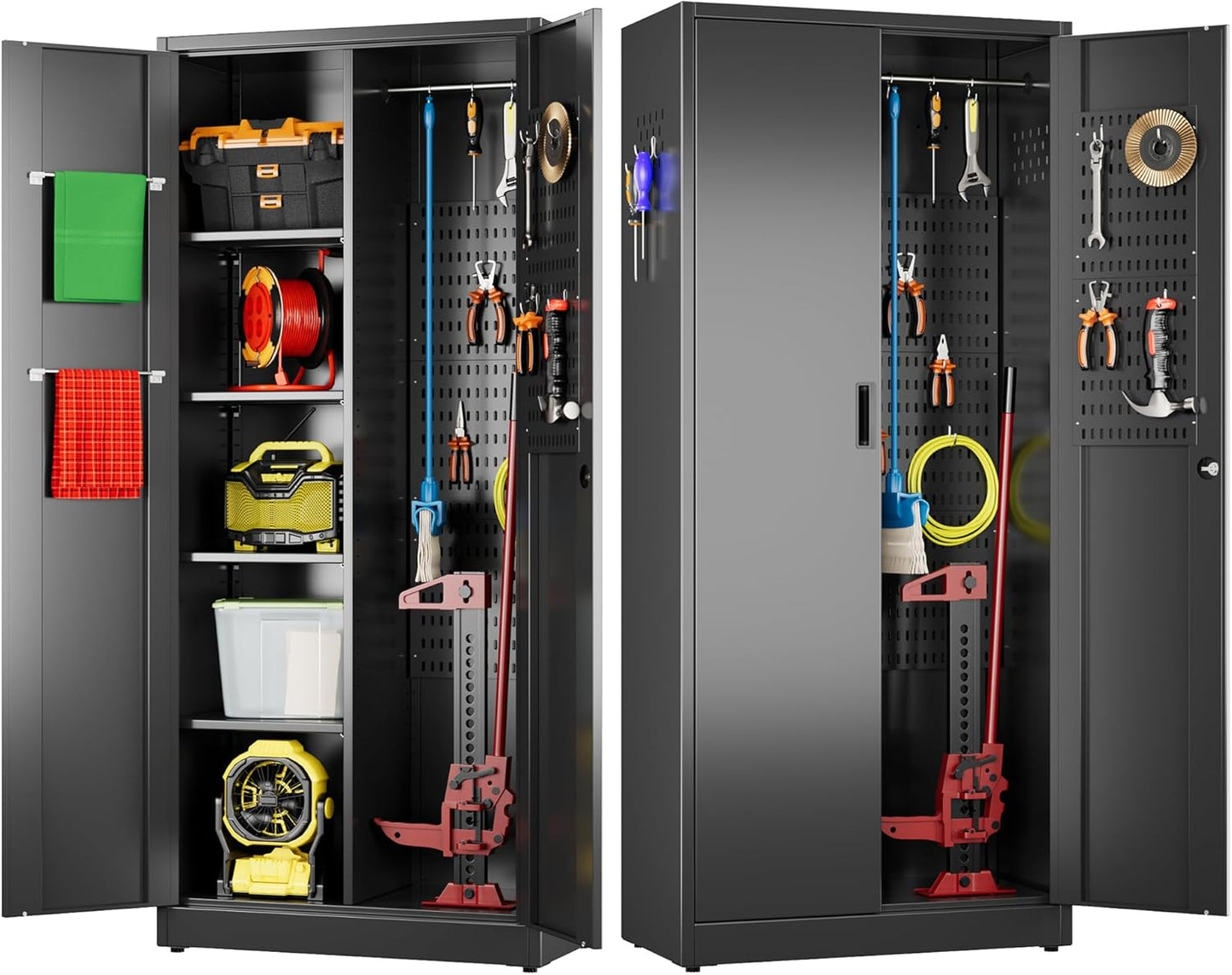Aobabo Black Metal Cleaning Tool Storage Cabinet with Lockable Door with Keys, 71.41" H×31.53" W×15.74" D, Adjustable Shelves, Pegboard, 13 Hooks, Broom Closet Storage Cabinet for Janitorial Supplies