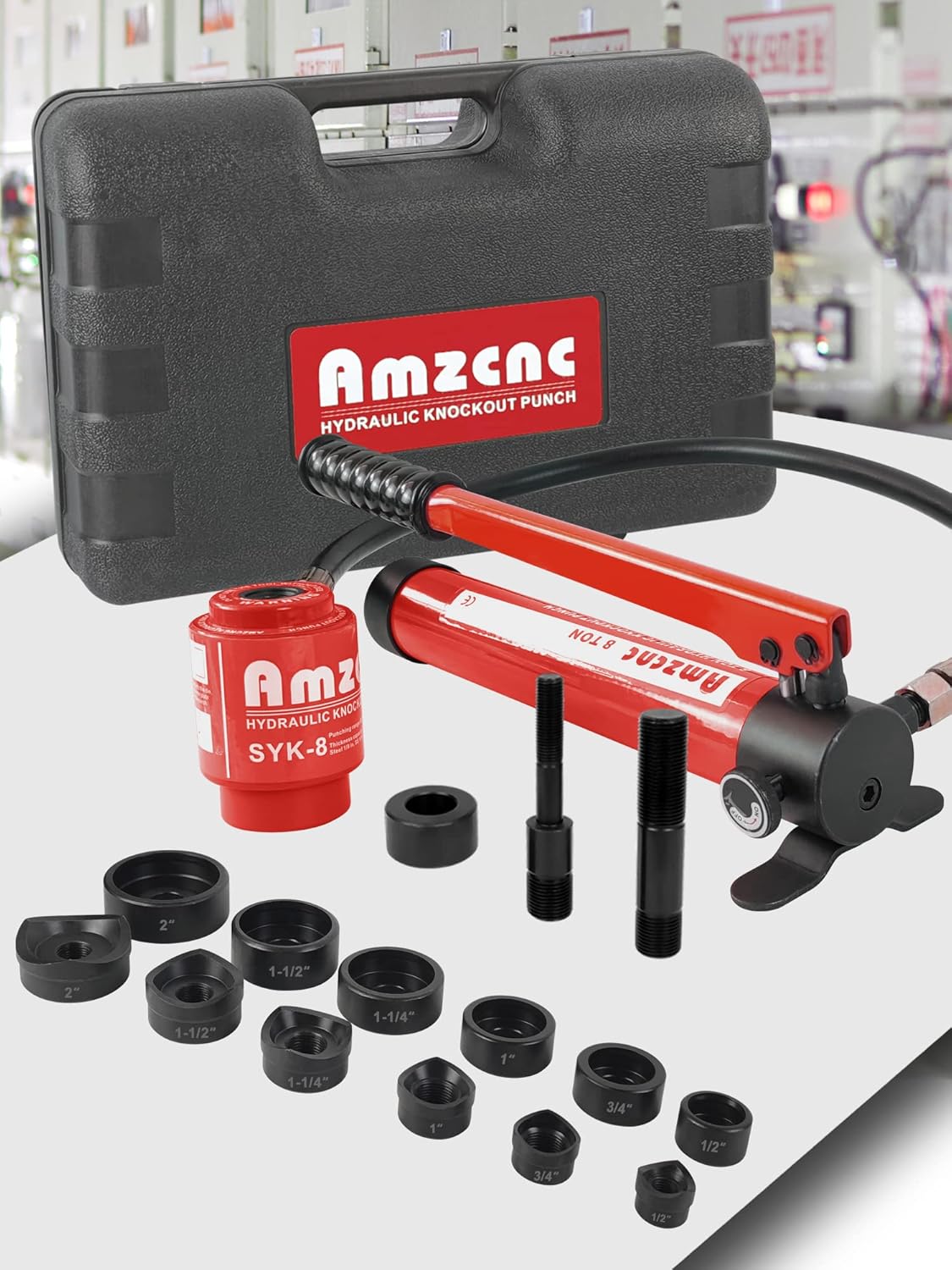 AMZCNC Hydraulic Knockout Hole Punch Set 1/2 to 4 inch Electrical Conduit Hole Cutter Set KO Tool Kit Metal Sheet Puncher (15T(1/2"~4"))