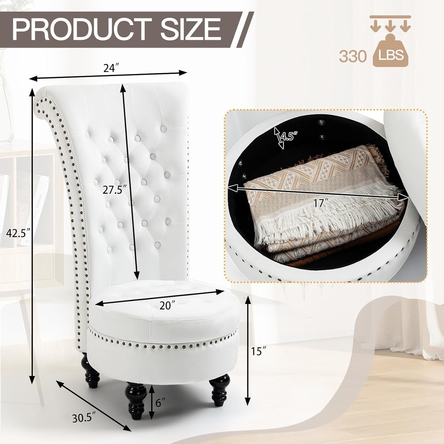 AVAWING High Back Throne Chair Set of 2, Velvet Royal Accent Chair with Button-Tufted Back,Armless Gothic Chair w/Storage, Nailhead Trim Design & Rubber Wood Legs for Living Room & Bedroom, White