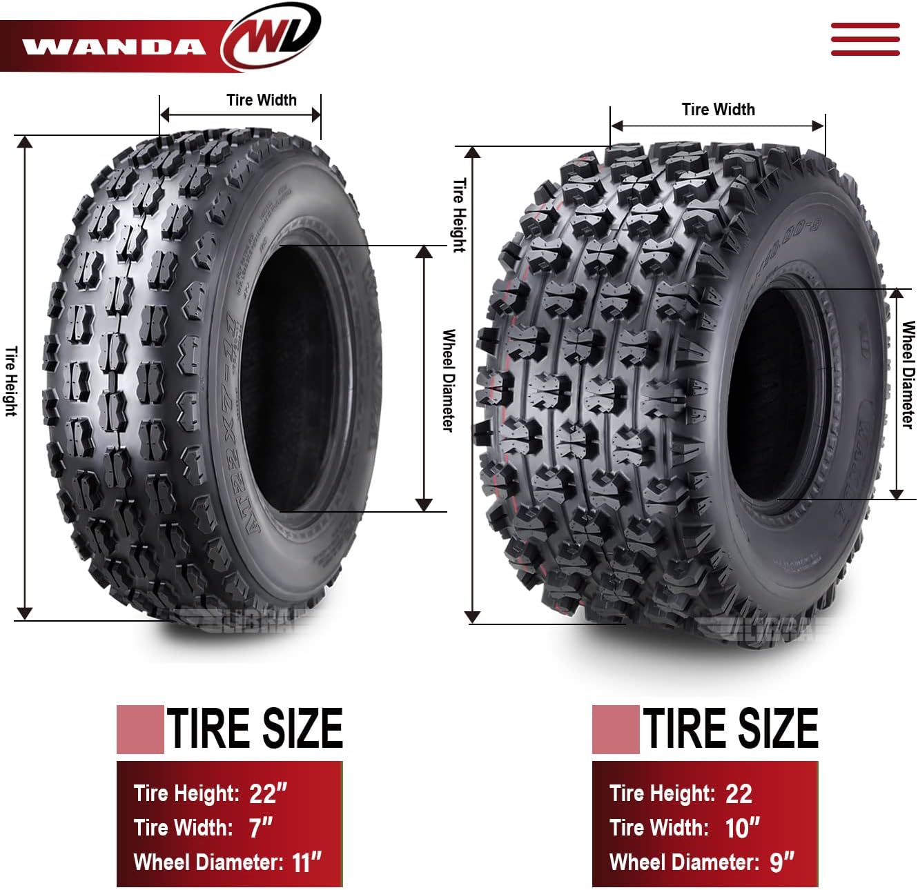 WANDA (Set 4) Sport ATV Tires 22x7-11 Front & 22x10-9 Rear GNCC (Grand National Cross Country) Race Tires Compatible for Honda Recon 250 Suzuki Ozark 250