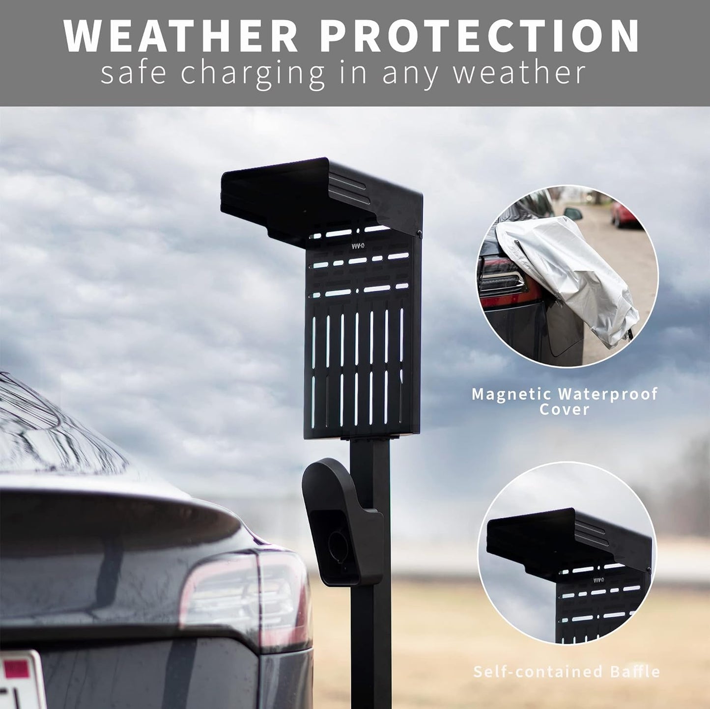 VIVO Outdoor EV Charging Stand, Weather Protection Hood, Pedestal for Charging Station, Floor Mounted, All Weather, Electric Vehicle Pile, Stainless Steel, Black, STAND-EV01C