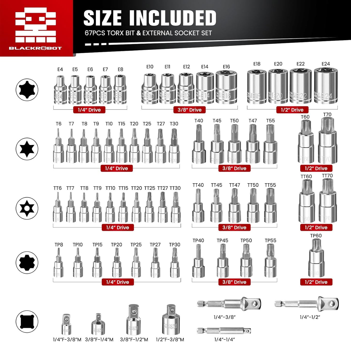 BLACKROBOT 67-Piece Master Torx Bit Socket and E-Torx Socket Set, 1/4” 3/8” 1/2” Drive(E4-E24, T6-T70,TT6-TT70,TP8-TP60), Includes Socket Adapters and Drill Bit Adapters, S2 and Cr-V Steel
