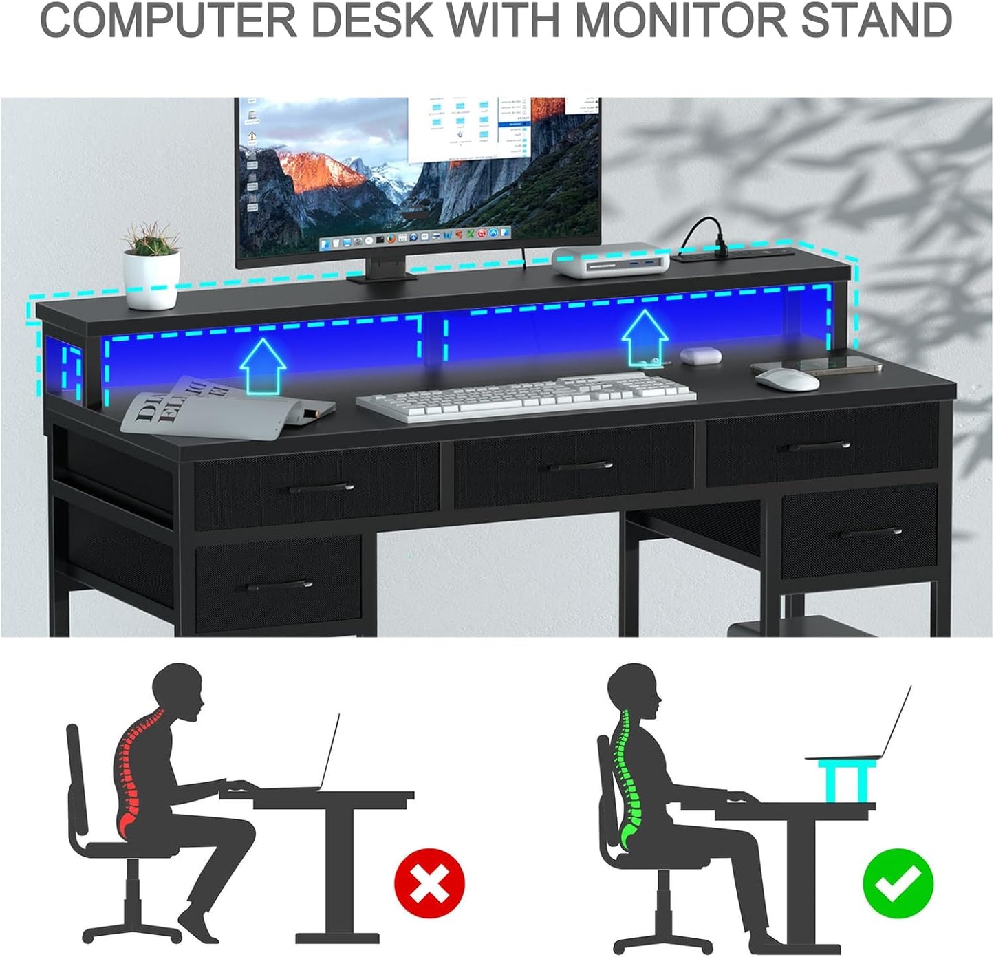 Black Computer Desk with Drawers, Gaming Desk with LED Light & Power Outlet, 47" Home Office Desk with Large Storage & Monitor Stand for Small Space