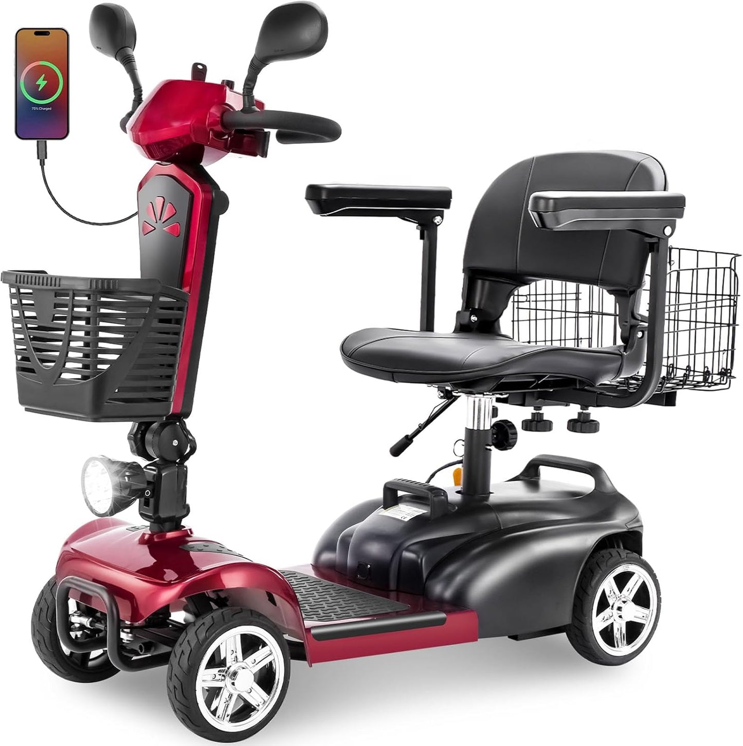 15/30/50Miles Eldryvon EV02 4 Wheels Electric Mobility Scooter for Seniors, Dual Basket, 350W Powered Wheelchair with Rotating Seat, Foldable Motorized Scooter for Adult with USB Port, 300Lbs Capacity