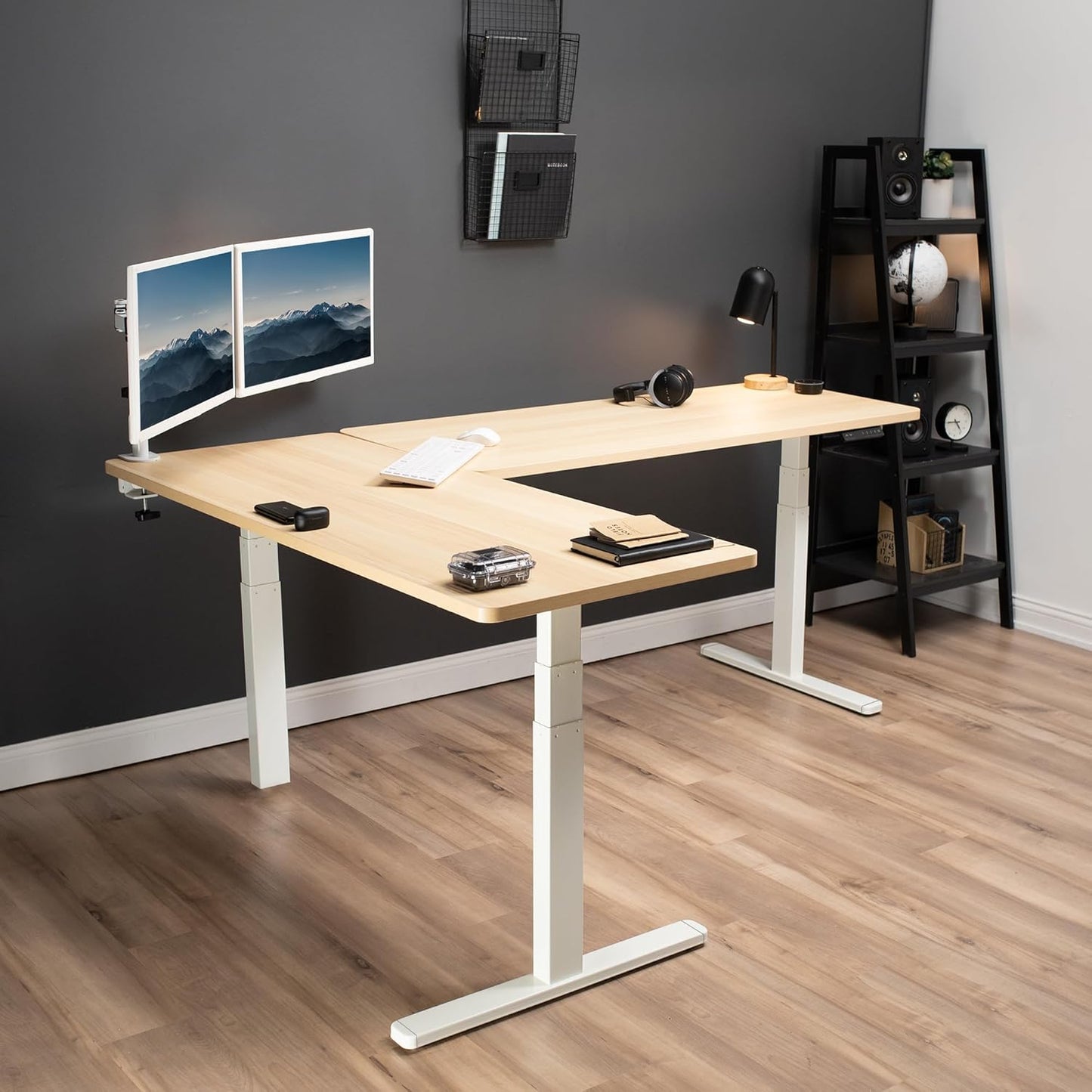 VIVO Electric Height Adjustable 83 x 60 inch Corner Stand Up Desk, 2 Light Wood Solid Table Tops, White Frame, Memory Controller, L-Shaped Workstation, 3E Series, DESK-KIT-3E8C