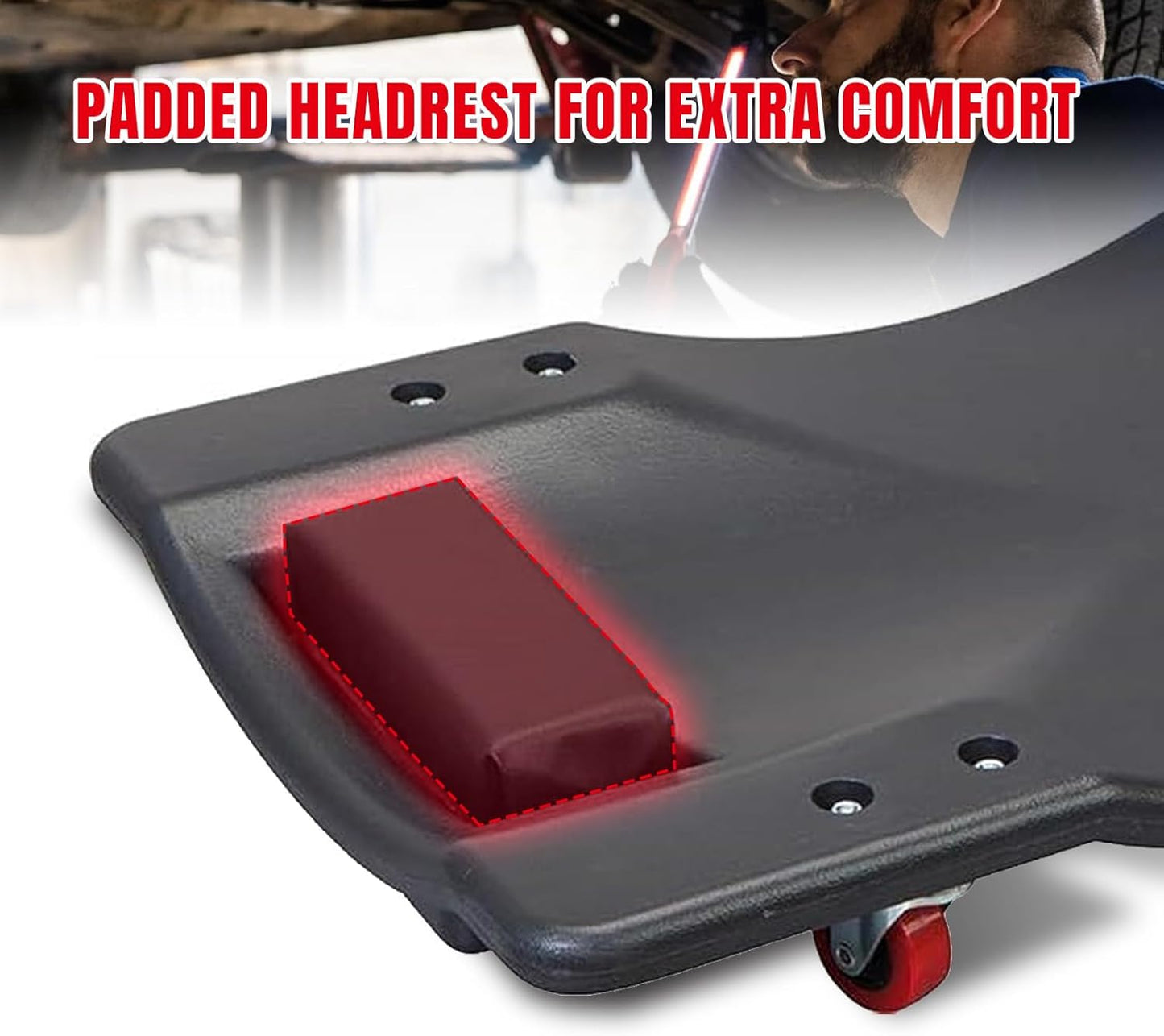 BIG RED 36" Rolling Garage Creeper, Shop Creeper Blow Molded Plastic Mechanic Cart with Padded Headrest with 4 Casters,350 LBS, Black,TR6240-P Torin