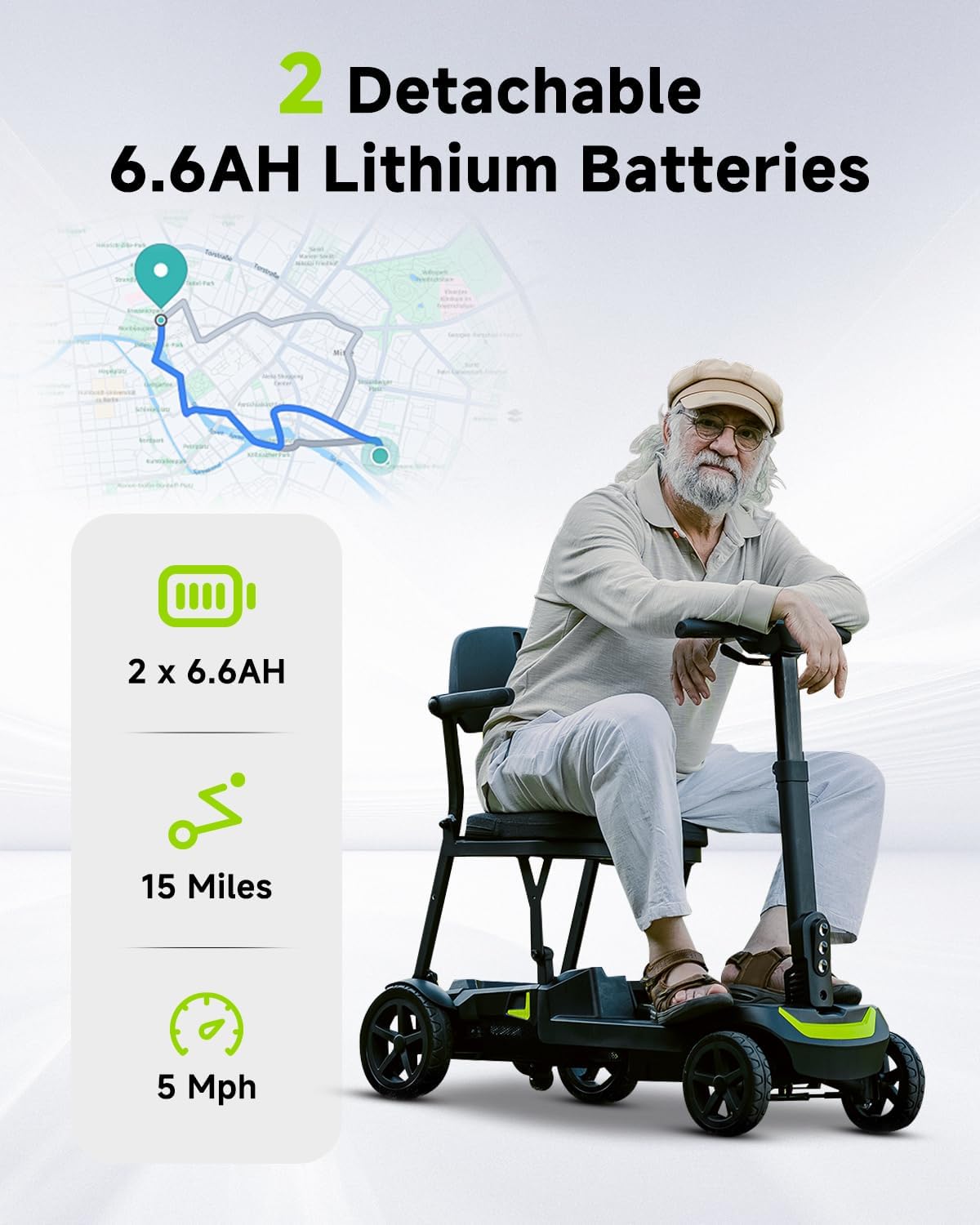 4 Wheel Mobility Scooter for Adults & Seniors Electric Powered Lightweight Foldable 5 MPH Speed 15 Miles Range Two Removable Batteries Airline Approved (Black Yellow, Standard)