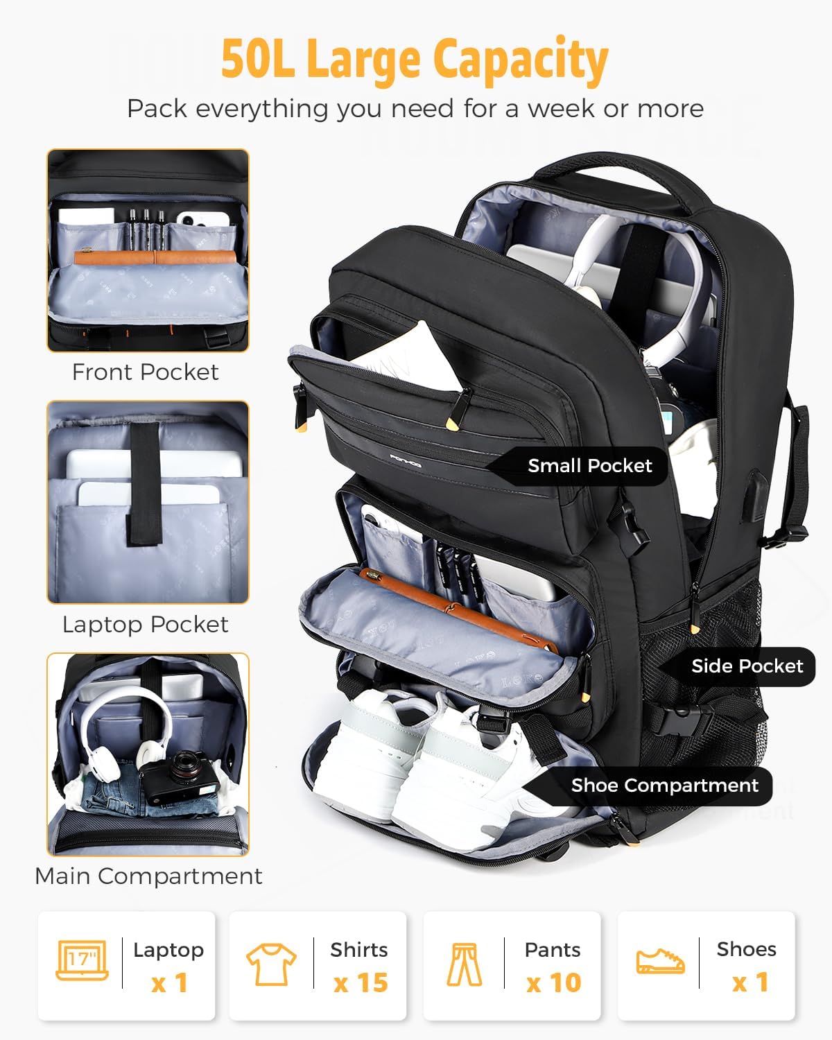 Travel Backpack for Men, 50L Carry On Flight Approved Convertible Duffle Bag with Shoe Compartment, 17 inch Laptop Luggage with USB Charging Port for Weekender Hiking, Black