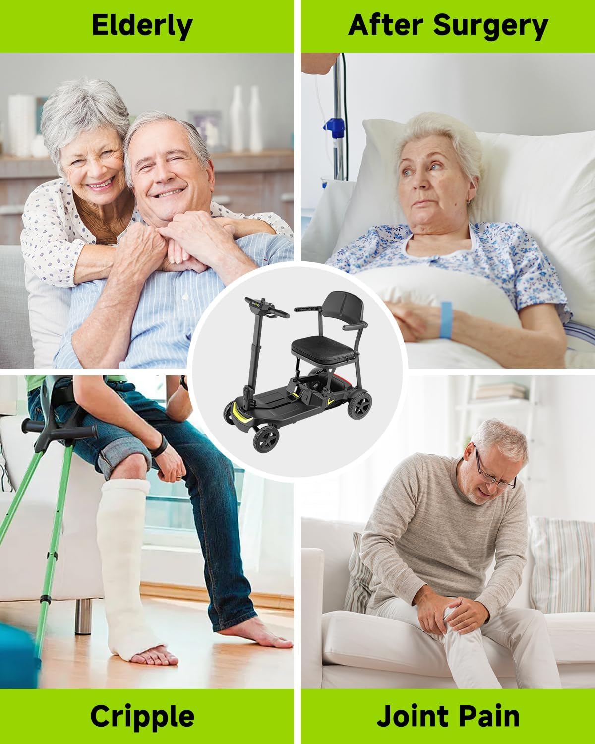 4 Wheel Mobility Scooter for Adults & Seniors Electric Powered Lightweight Foldable 5 MPH Speed 15 Miles Range Two Removable Batteries Airline Approved (Black Yellow, Standard)