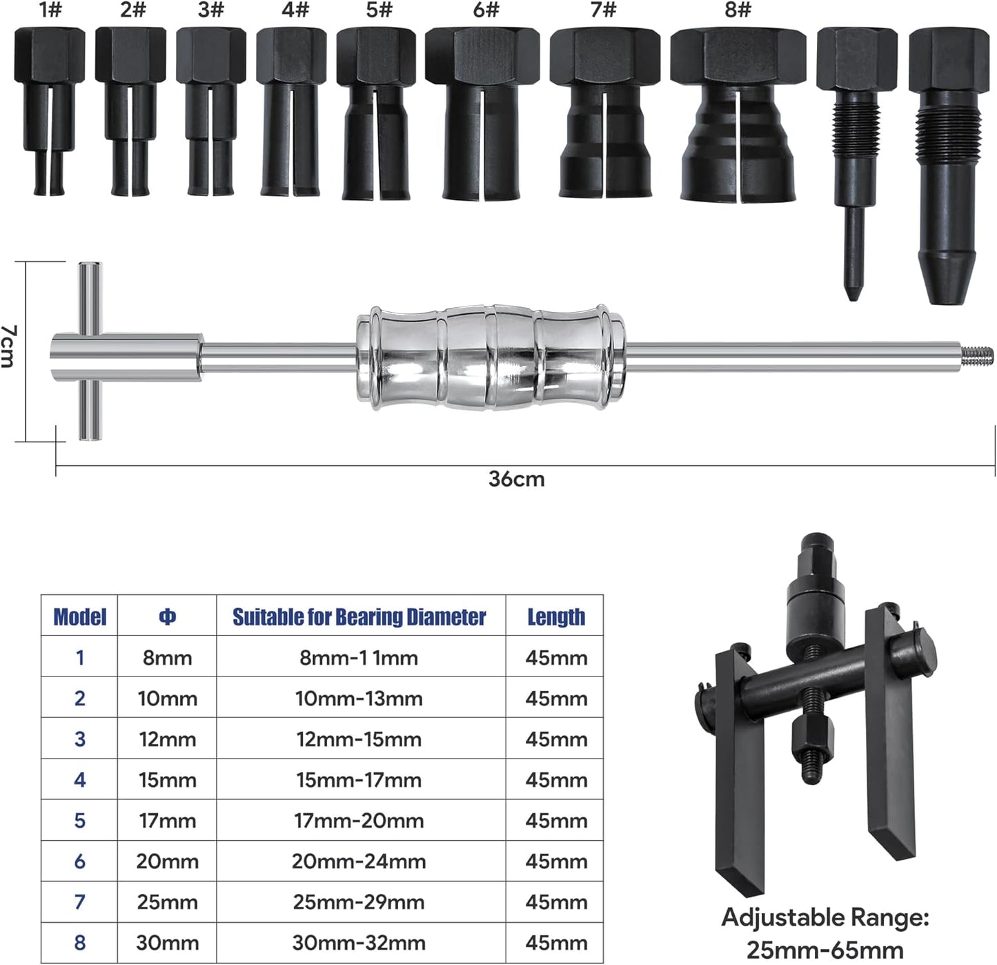 12Pcs Motorcycle Bearing Puller Kit, Blind Bearing Puller Kit, Slide Hammer Puller Set Suitable for Bearing Diameter 8-32MM