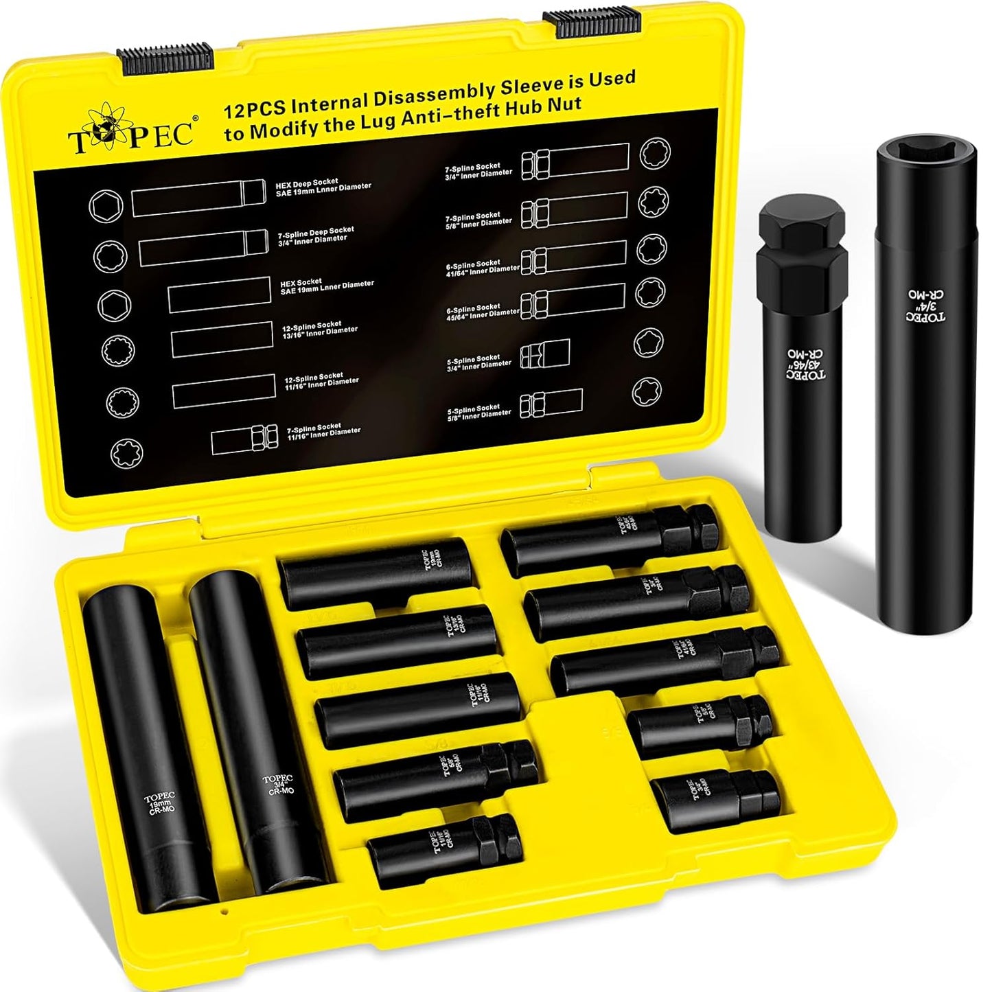 Topec 12PCS Spline Lug Nut Socket Set, Master Lug Nut Key Set of 5, 6, 7, 12 Spline, Wheel Lock Removal Kit for Spike and Hex Lug Nuts, Universal Locking Lug Nut Removal Tool