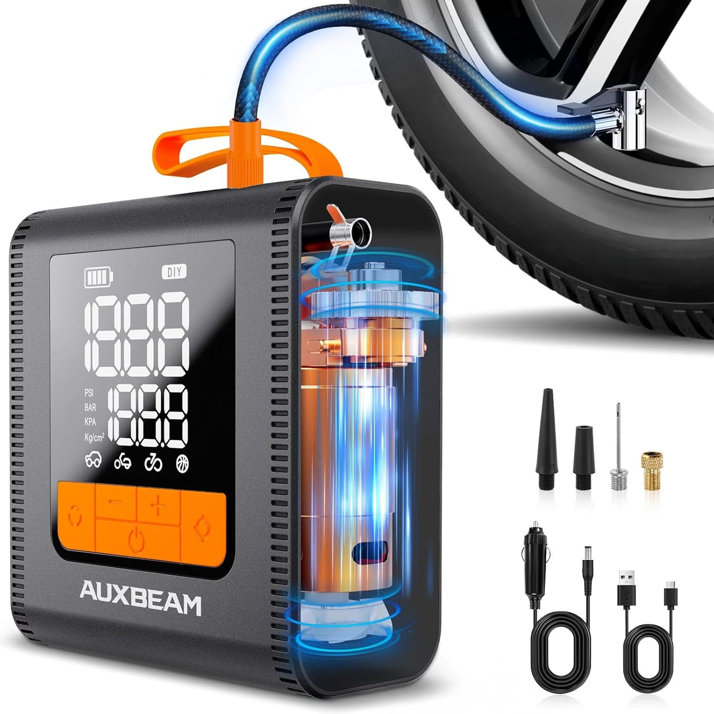 AUXBEAM H4Pro Tire Inflator Portable Air Compressor,150PSI 2 in 1 Rechargeable 5200mAh Car Tire Inflator Portable 4 Preset Inflation Modes 12V Air Pump With LCD Screen for Car, Motorcycle, Bike, Ball