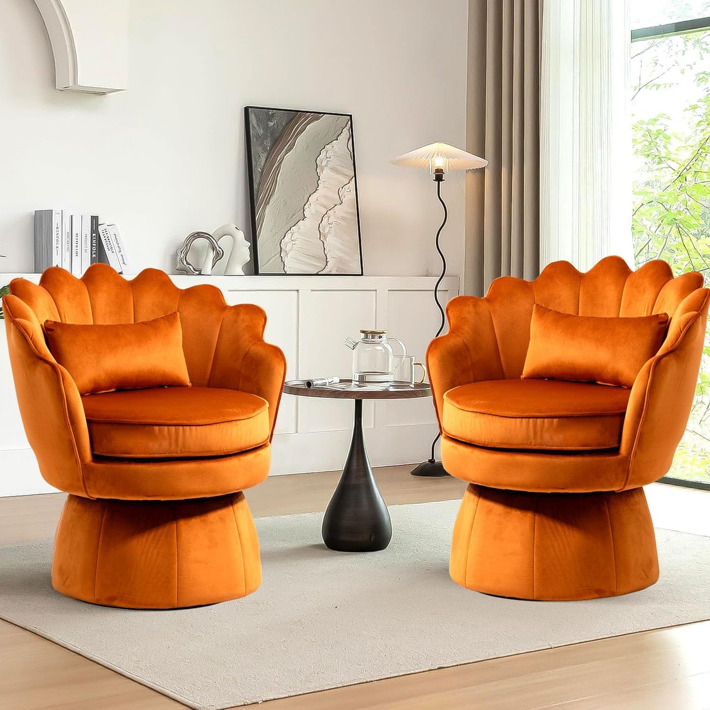Swivel Barrel Chairs Set of 2, Small Accent Armchair, Navy Blue Velvet Upholstered, Mid-Century Modern Style, for Living Room/Bedroom/Waiting Room, for Relaxing & Reading, Pillow Included