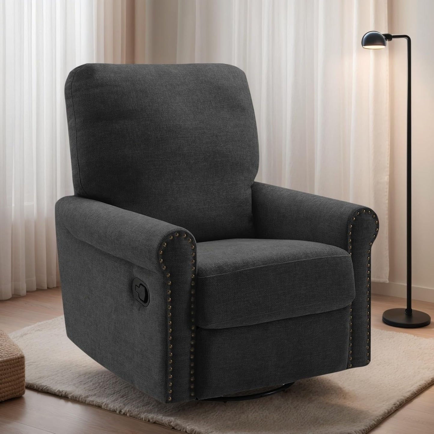 Accent Chairs 360° Recliner Chair Swivel Rocker Chair for Adults, Nursery Swivel Chairs for Living Room, High Back Upholstered Deep Seat Lazy Boy Recliner Chairs (Polyester Fabric- Dark Gray-1PCS)