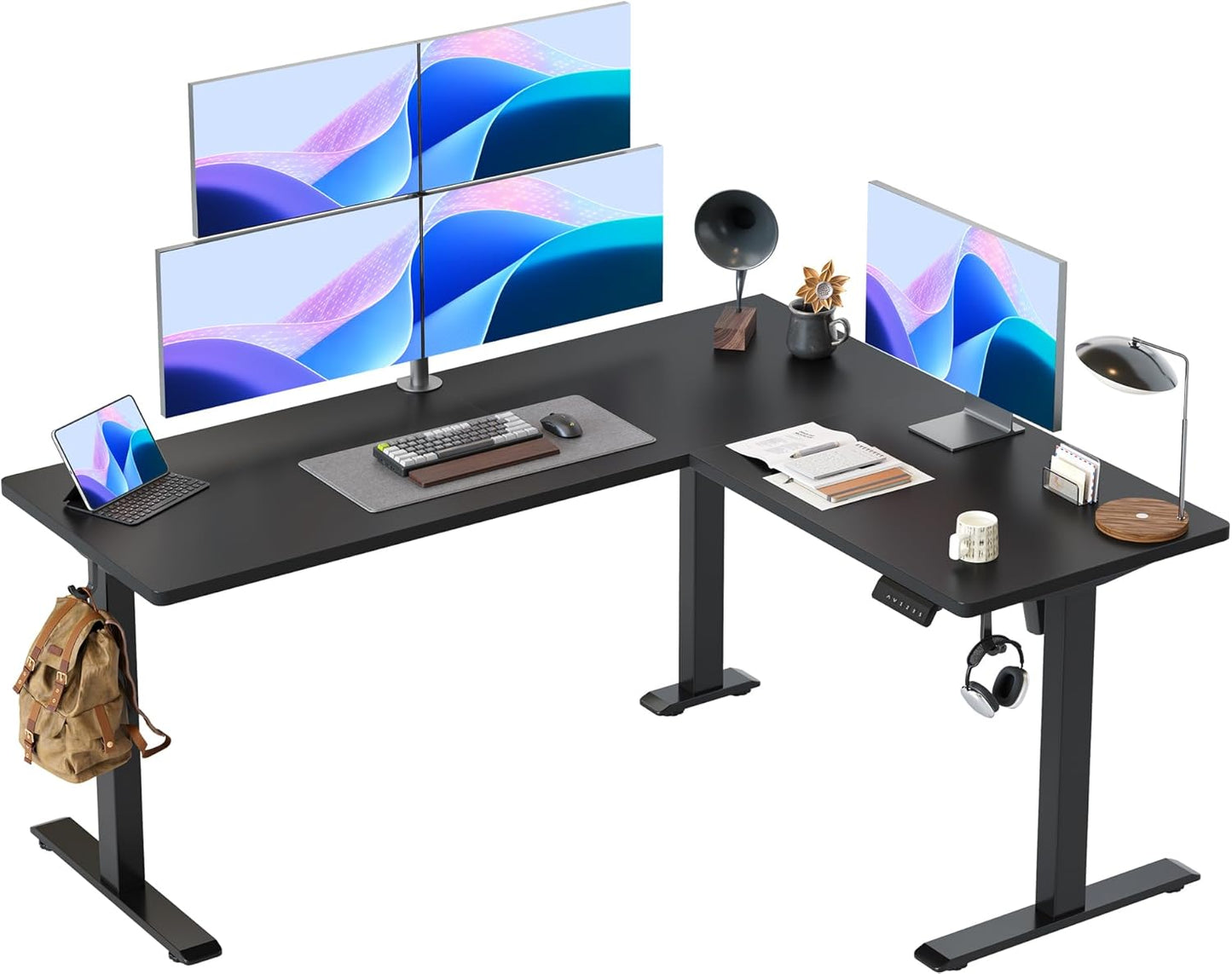 TIQLAB 63 x 55 inch L Shaped Standing Desk Adjustable Height, Electric Corner Standing Desk, Sit Stand Computer Table with Splice Board, Rustic Brown