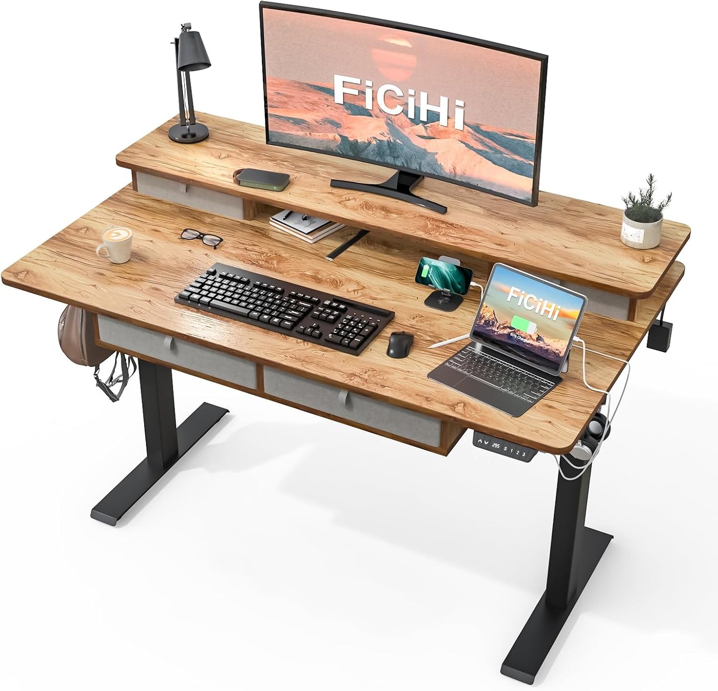 Adjustable Height Standing Desk with 4 Drawers & Wheels,63 x 30 inches Electric Sit Stand Home Office Desk with Two Tiers, 3 Memory Presets, Monitor Stand Riser, USB A/C Charging Port