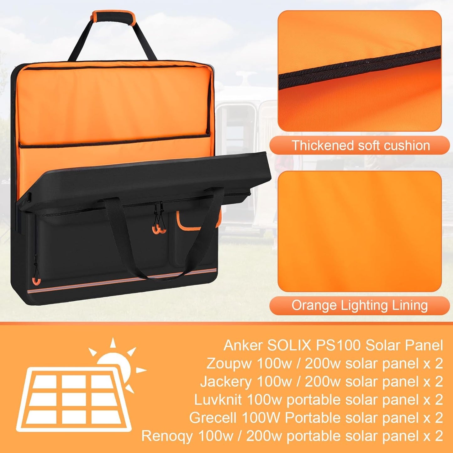 Solar Panel Storage Bag with Orange Lining, Deepened Opening, Zipper with Pull and Multi-Accessory Space Solar Panel Travel Carrying Case Fit for Jackery SolarSaga 100W 100X 200W, Black