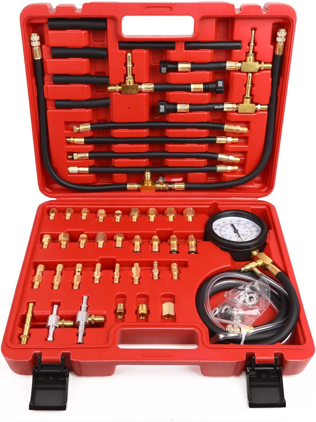 BETOOLL Pro Fuel Injection Pressure Tester Kit Gauge 0-140 PSI with 9.49,7.89,6.30 Fuel Line Fittings