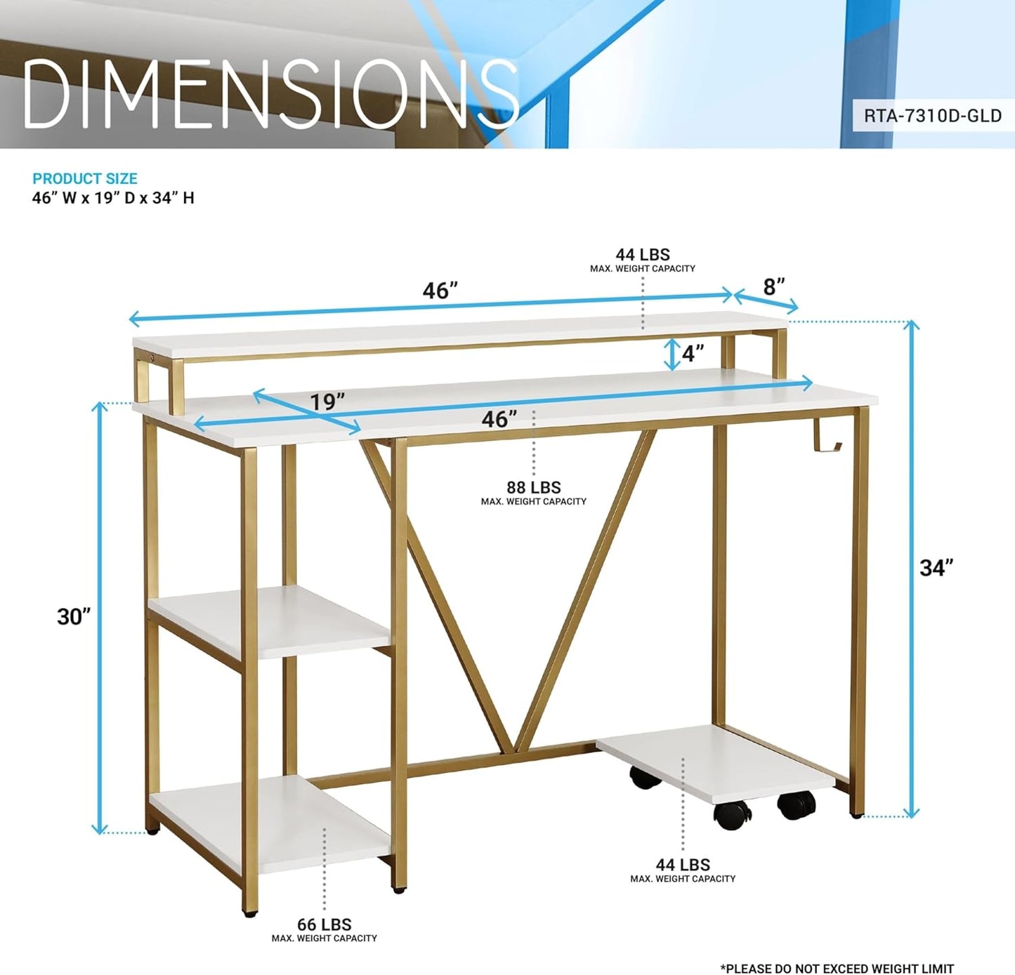 Techni Mobili Computer Desk - Industrial Writing Desk with Storage Shelves, Monitor Stand, & Accessory Holder - Home Office Laptop Computer Table with CPU Caddy & 2-Tier Small Bookshelf Space