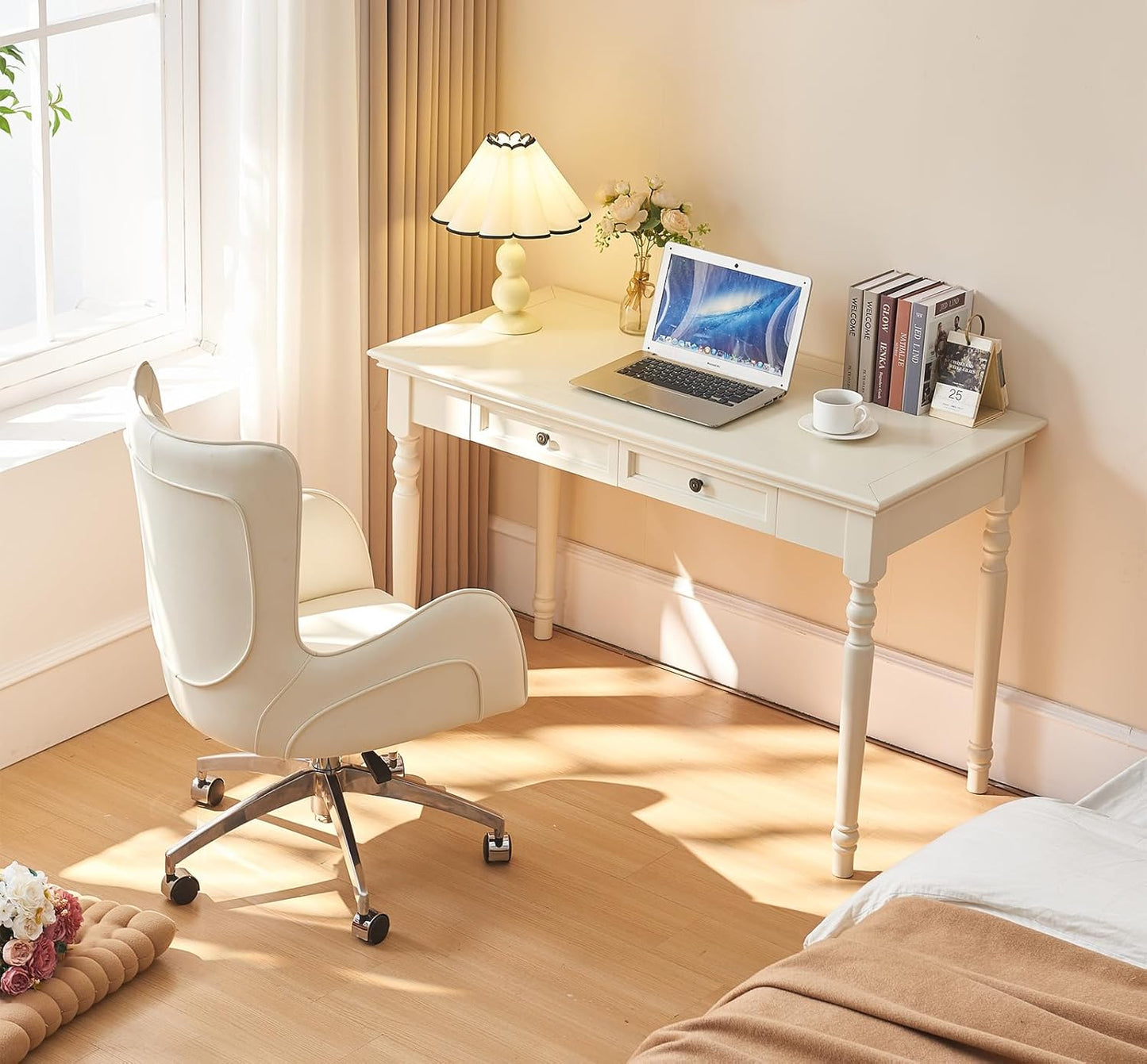 ADORZ White Desk with Drawers, 47 Inch Home Office Desks Solid Wood Writing Desk for Home Office, Study Workspace or Bedroom