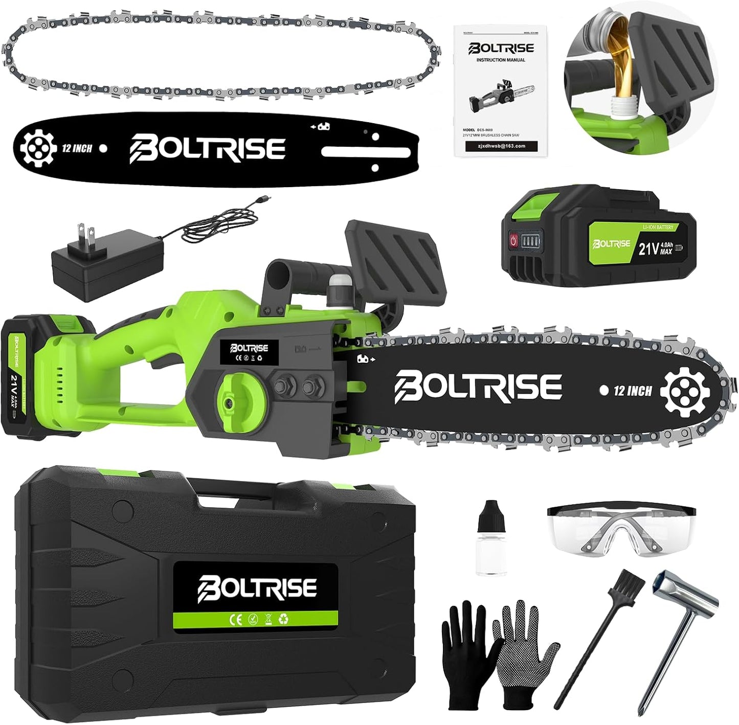 12 Inch Cordless Brushless Electric Chainsaw, 2 × 4.0Ah Batteries & Auto Oiler Security Lock, 42 FT/S Powered Compact HandHeld Chain Saw, for Tree Trimming, Wood Cutting Garden, Pruning