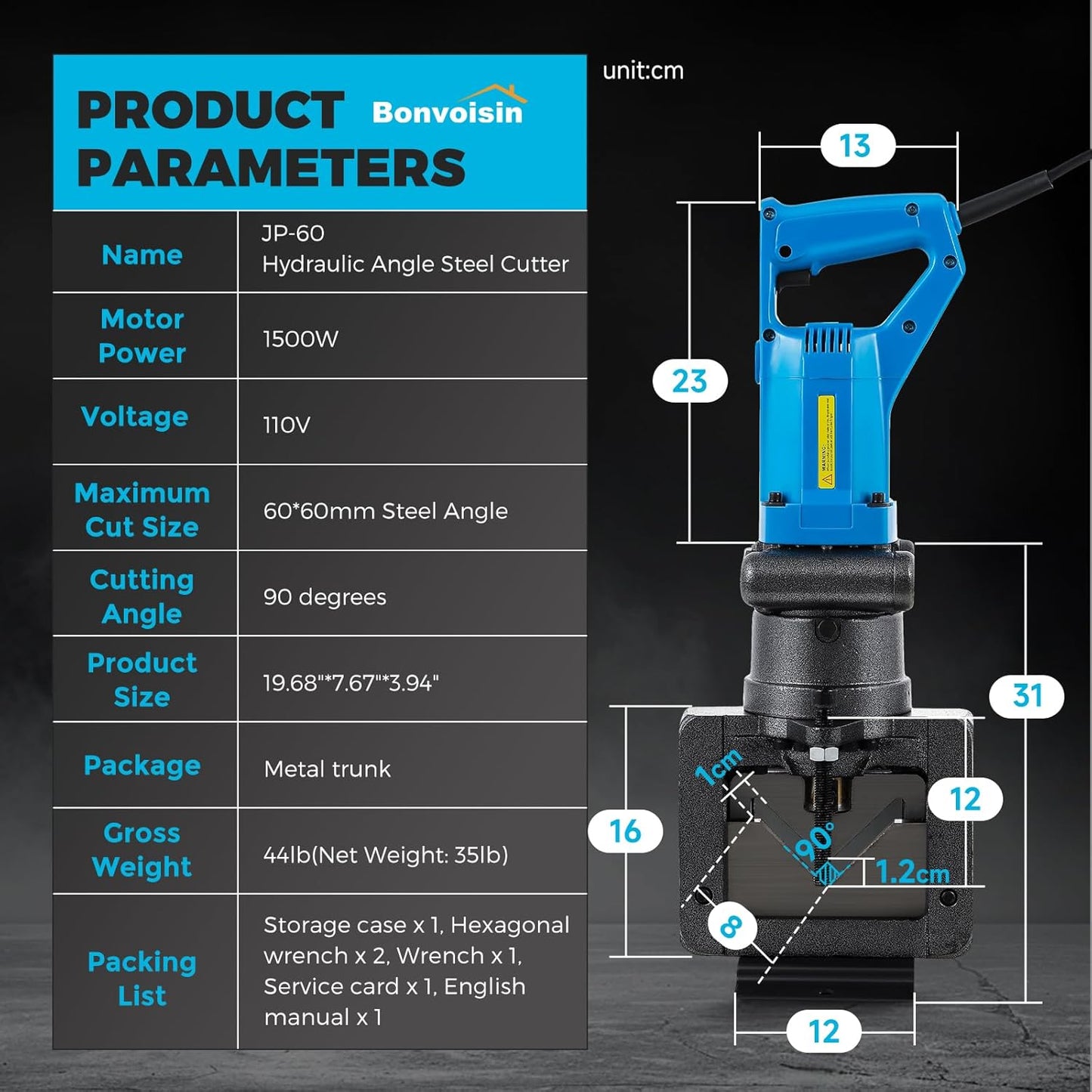 Bonvoisin Electric Hydraulic Angle Iron Steel Cutter 1500W Portable Hydraulic Angle Iron Steel Cutting Tool Machine for Angle Steel Angle Iron 110V