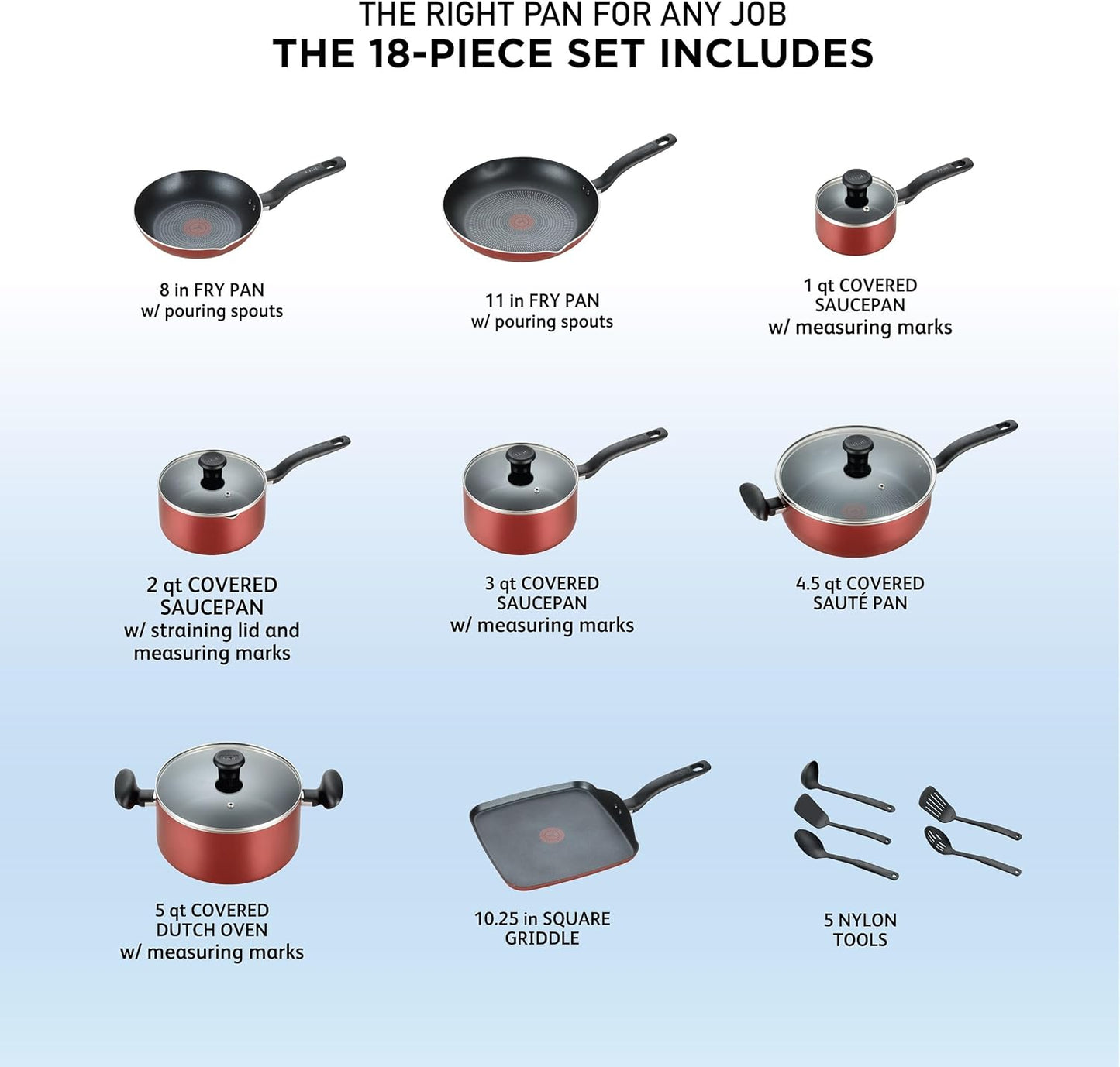 T-fal Initiatives Nonstick Cookware Set 18 Piece, Oven Broiler Safe 350F, Kitchen Cooking Set w/Fry Pans, Saucepans, Saute Pan, Dutch Oven, Griddle, Pots and Pans, Home, Dishwasher Safe, Red