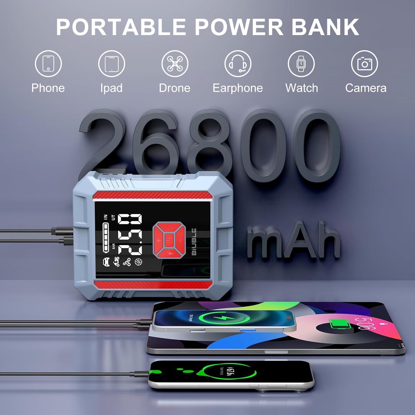 8000A Jump Starter with Air Compressor, 26800mAh Car Battery Jump Starter (All Gas/16L Diesel), 150PSI Battery Jumper Starter Portable, Jump Box with Smart Jumper Cables, Jump Pack with USB QC3.0