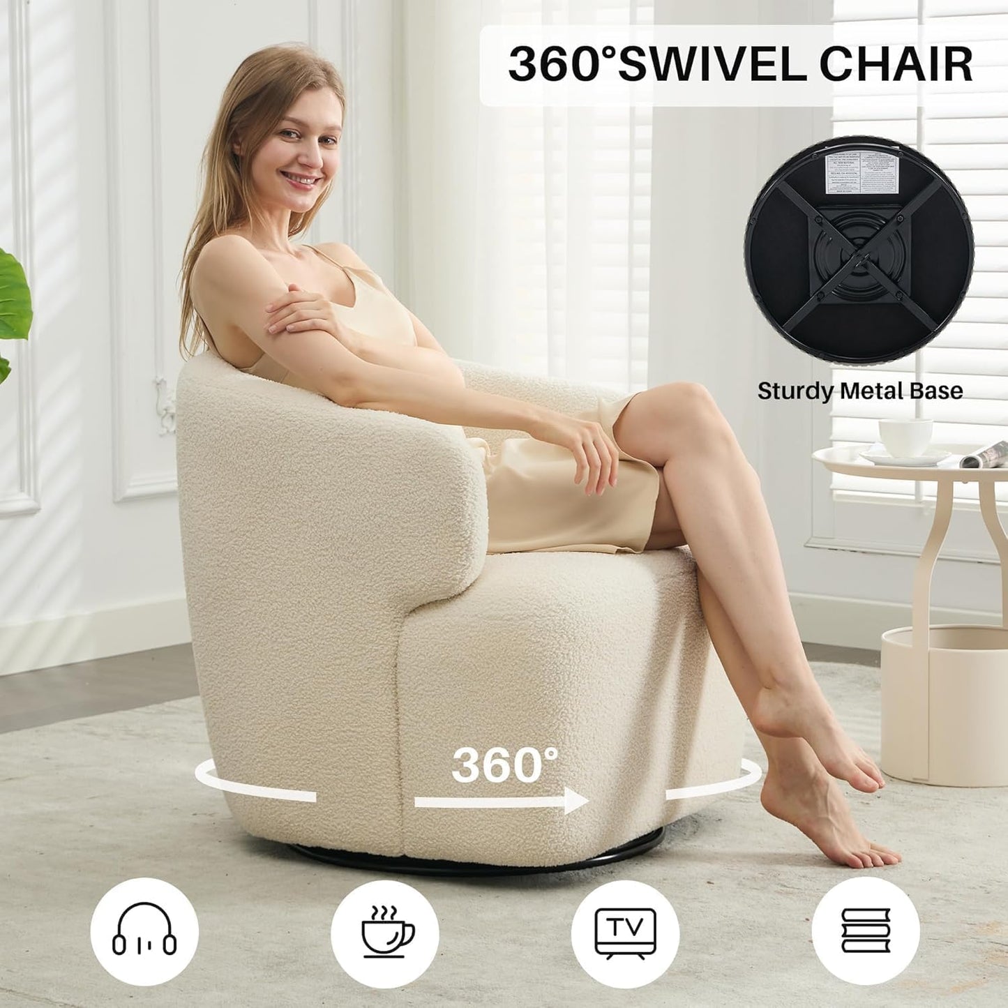 Swivel Accent Chair Set of 2, Sherpa Teddy Barrel Chair for Living Room, Cozy Round Boucle Arm Chair, Metal Base for Club Nursery Bedroom, Beige Cream White