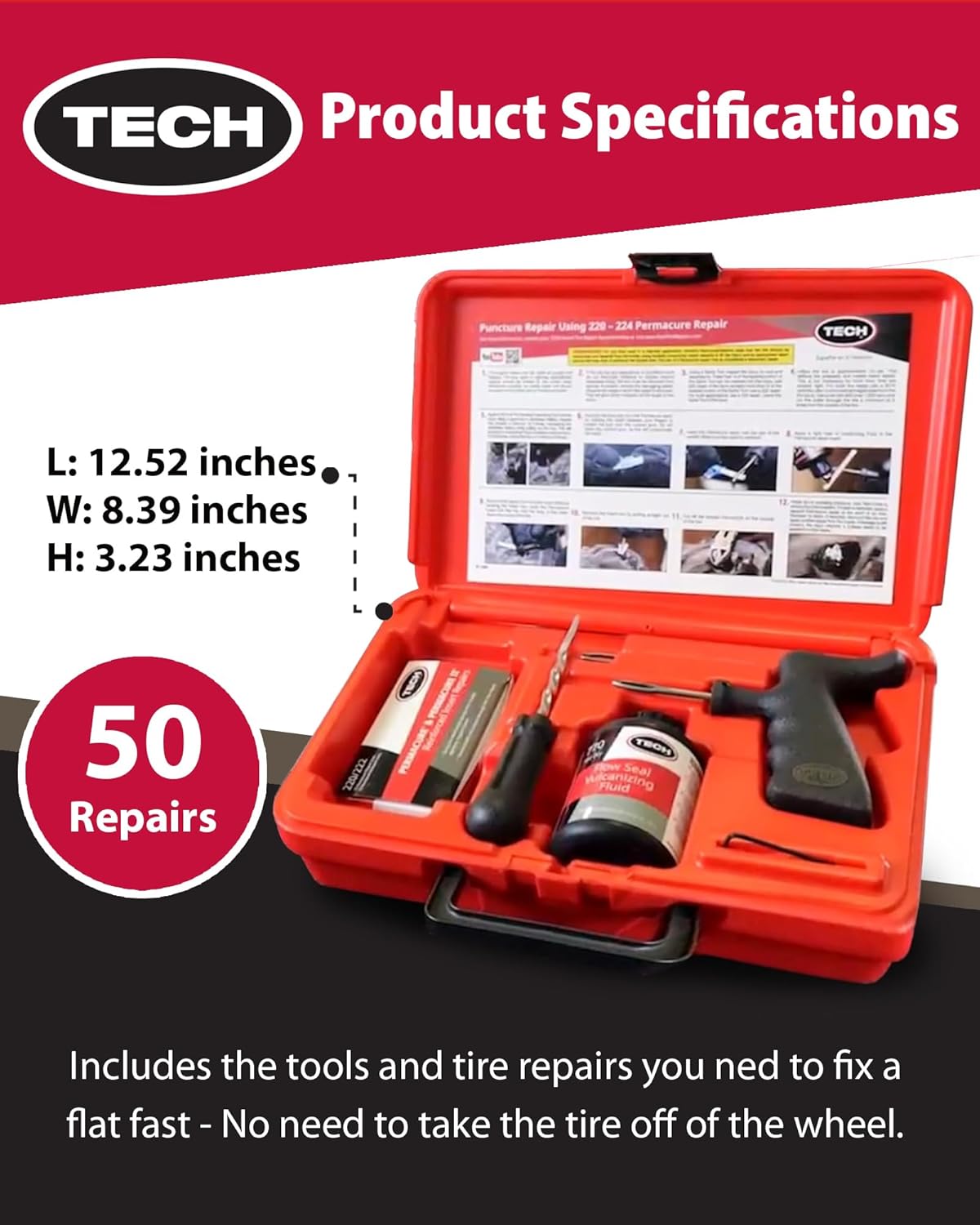 TECH Permacure Passenger Tire Plug Kit – The Ideal Flat Tire Fix Kit for Passenger Cars, Light Trucks, SUVs, Trailers, ATVs, Golf Carts, Farm Equipment, and More (50 Tire Plugs & Tools)
