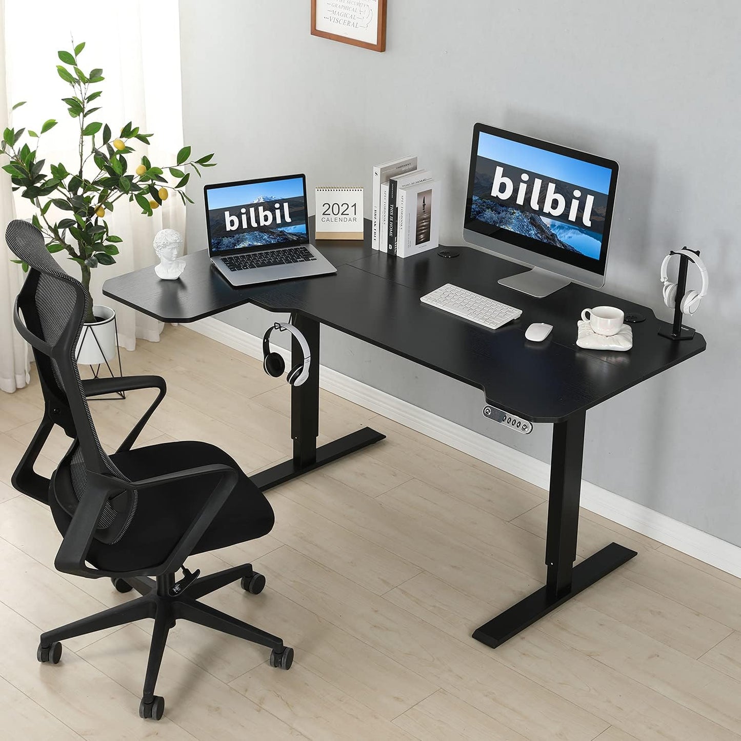 bilbil 59 Inches L-Shaped Electric Height Adjustable Standing Desk, Stand Up Home Office Desk with 4 Memory Preset Options, Double-Beam Construction, Anti-Collision Technology