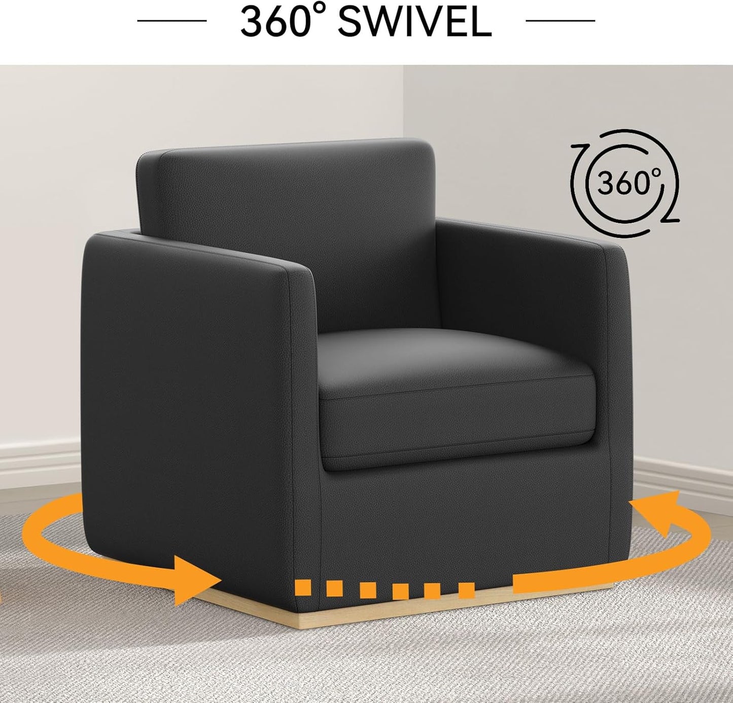 Swivel Barrel Chair, Premium Comfy Round Accent Chair for Living Room, Mid Century Modern Reading Chair for Adults, Armchair for Small Spaces, Bedroom Side Chairs for Home/Office/Leather Black