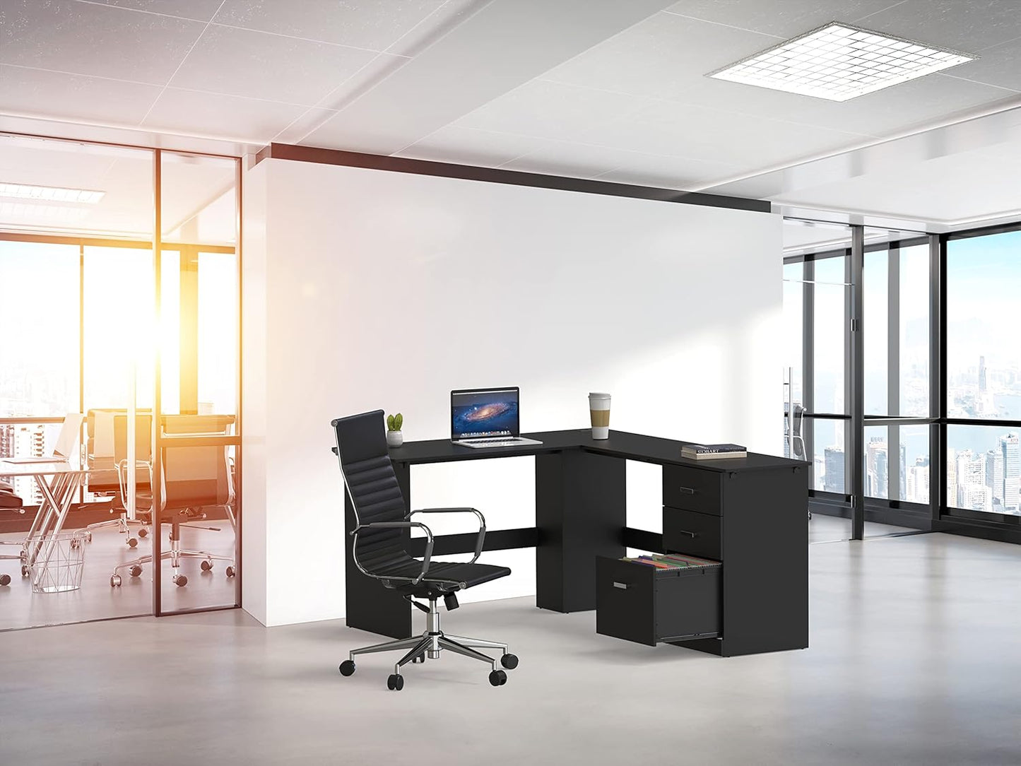 SHW 51 x 59 Inches L-Shaped Home Office Wood Corner Desk with Box Box File Drawers, Black