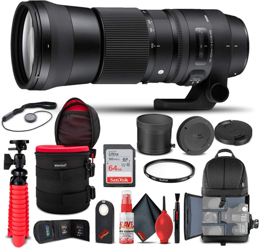 Sigma 150-600mm f/5-6.3 DG OS HSM Contemporary Lens for Canon EF (745-101) Bundle + Backpack + 64GB Card + Lens Case + Card Reader + UV Filter + Cleaning Set + Tripod + Memory Wallet + More